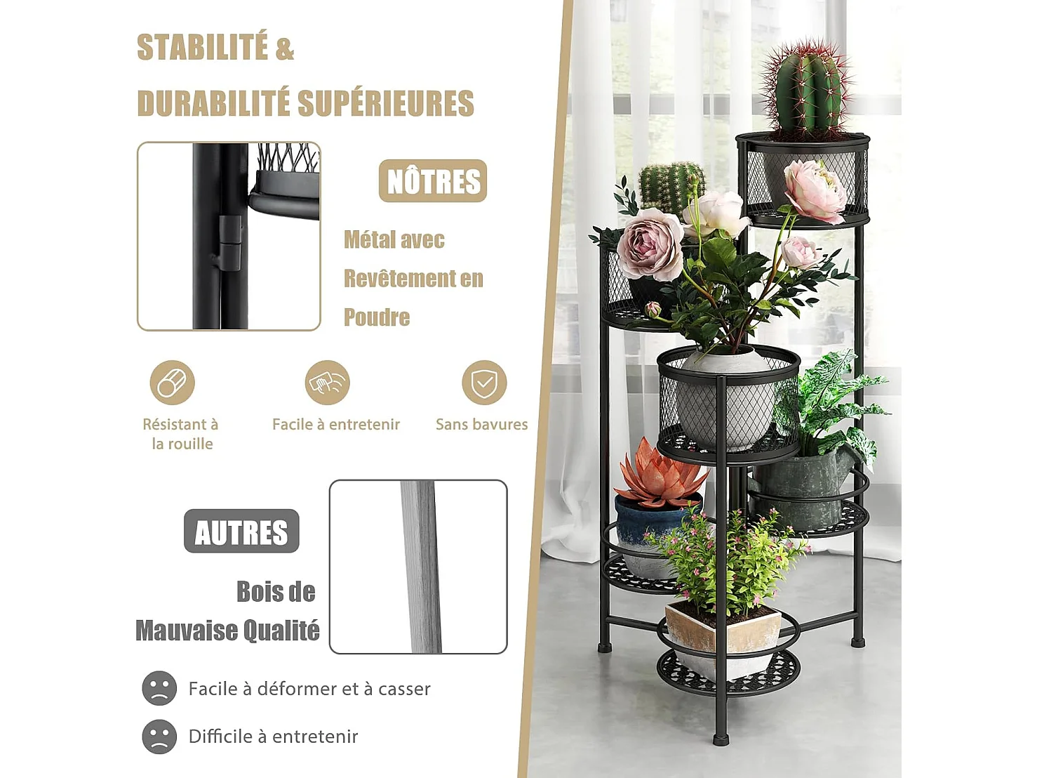 Support de Plantes Pliant en Métal 6 Niveaux Dorées Charge 10KG, Support de Pot de Fleurs avec 3 Pots et 3 Plateaux Ajourés, 41 x 39 x 82 cm (Noir)