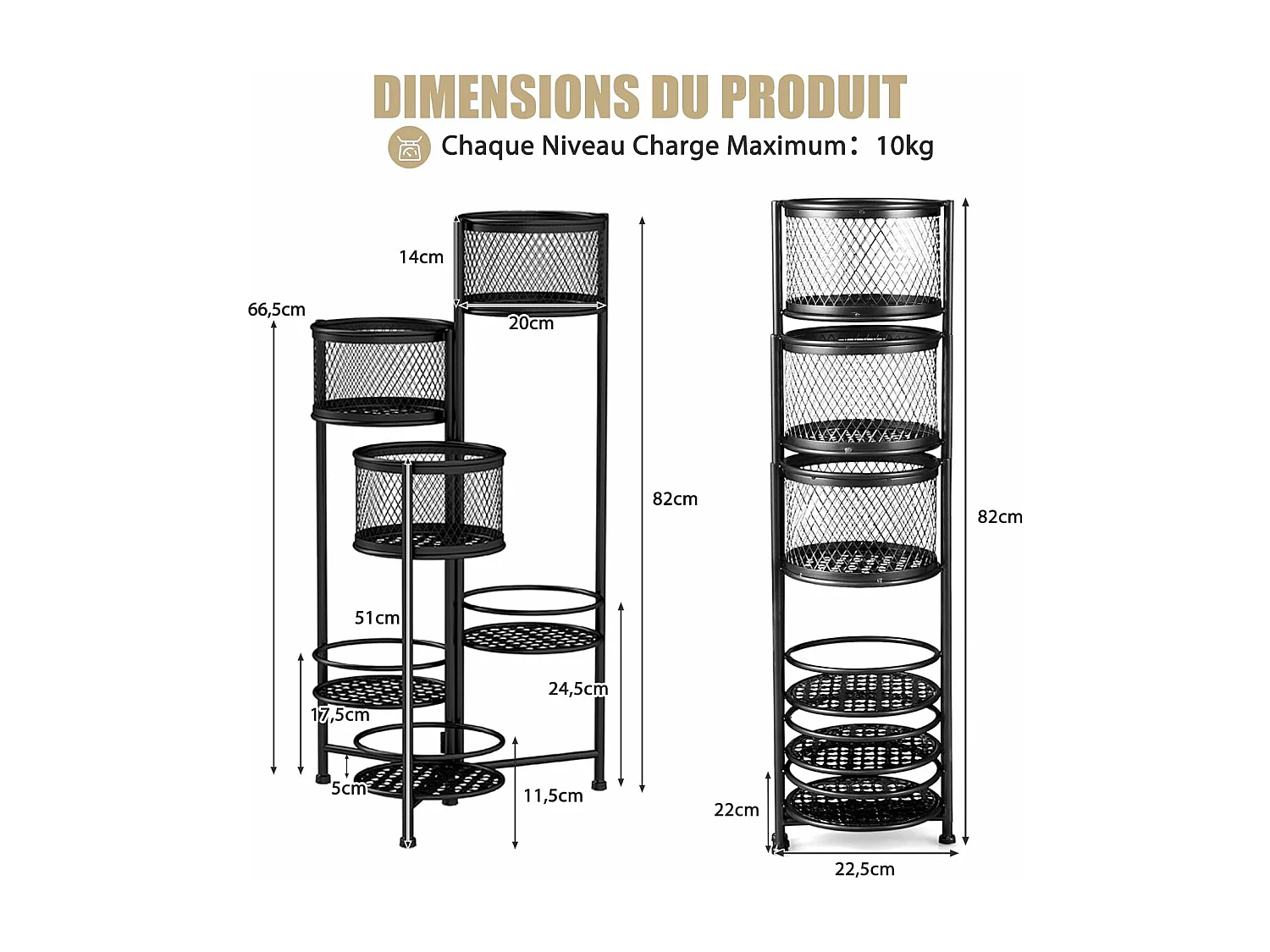 Support de Plantes Pliant en Métal 6 Niveaux Dorées Charge 10KG, Support de Pot de Fleurs avec 3 Pots et 3 Plateaux Ajourés, 41 x 39 x 82 cm (Noir)