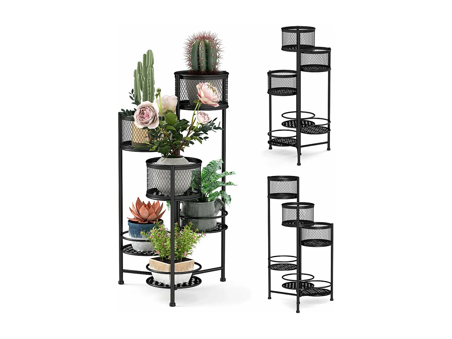 Support de Plantes Pliant en Métal 6 Niveaux Dorées Charge 10KG, Support de Pot de Fleurs avec 3 Pots et 3 Plateaux Ajourés, 41 x 39 x 82 cm (Noir)