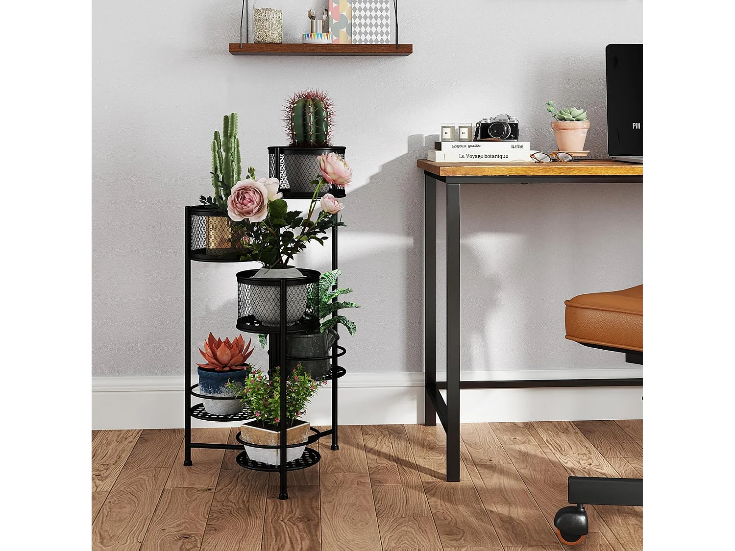 Support de Plantes Pliant en Métal 6 Niveaux Dorées Charge 10KG, Support de Pot de Fleurs avec 3 Pots et 3 Plateaux Ajourés, 41 x 39 x 82 cm (Noir)