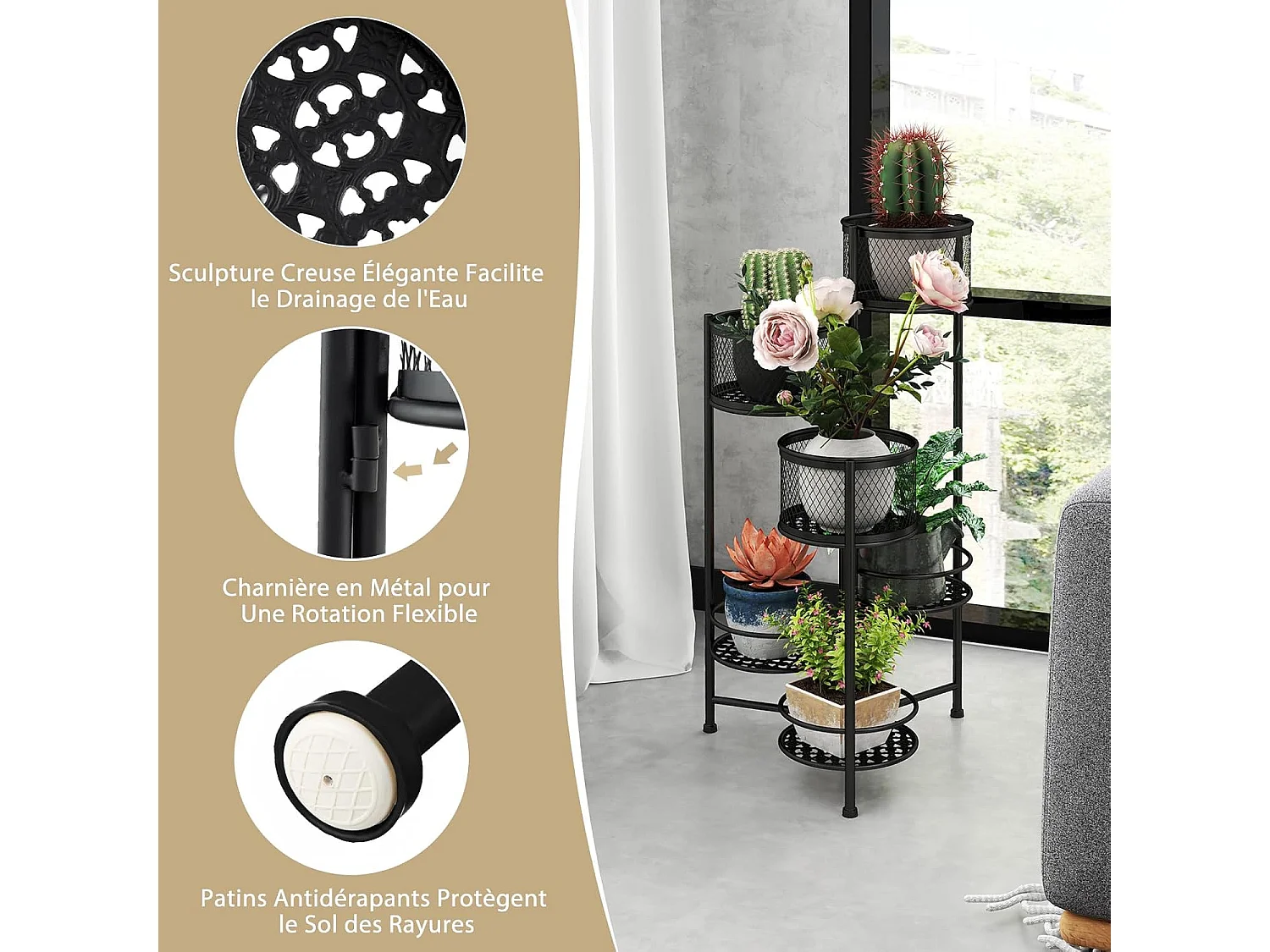 Support de Plantes Pliant en Métal 6 Niveaux Dorées Charge 10KG, Support de Pot de Fleurs avec 3 Pots et 3 Plateaux Ajourés, 41 x 39 x 82 cm (Noir)