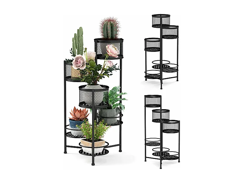 Support de Plantes Pliant en Métal 6 Niveaux Dorées Charge 10KG, Support de Pot de Fleurs avec 3 Pots et 3 Plateaux Ajourés, 41 x 39 x 82 cm (Noir)