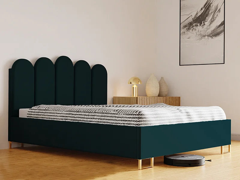 Polsterbed MALAGA, gestoffeerde rugleuning, KRONOS-stof, opbergbox met gasdrukveer, comfortabele bedhoogte 39 cm, 140x200 cm, Groen