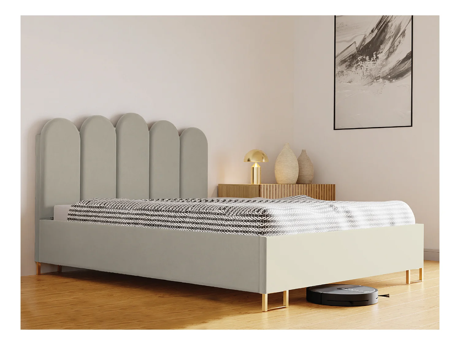 Polsterbett MALAGA mit gepolstertem Kopfteil, KRONOS-Stoff, Bettkasten mit Gasdruckfeder, Betthöhe 39 cm, 200×200 cm, Esche