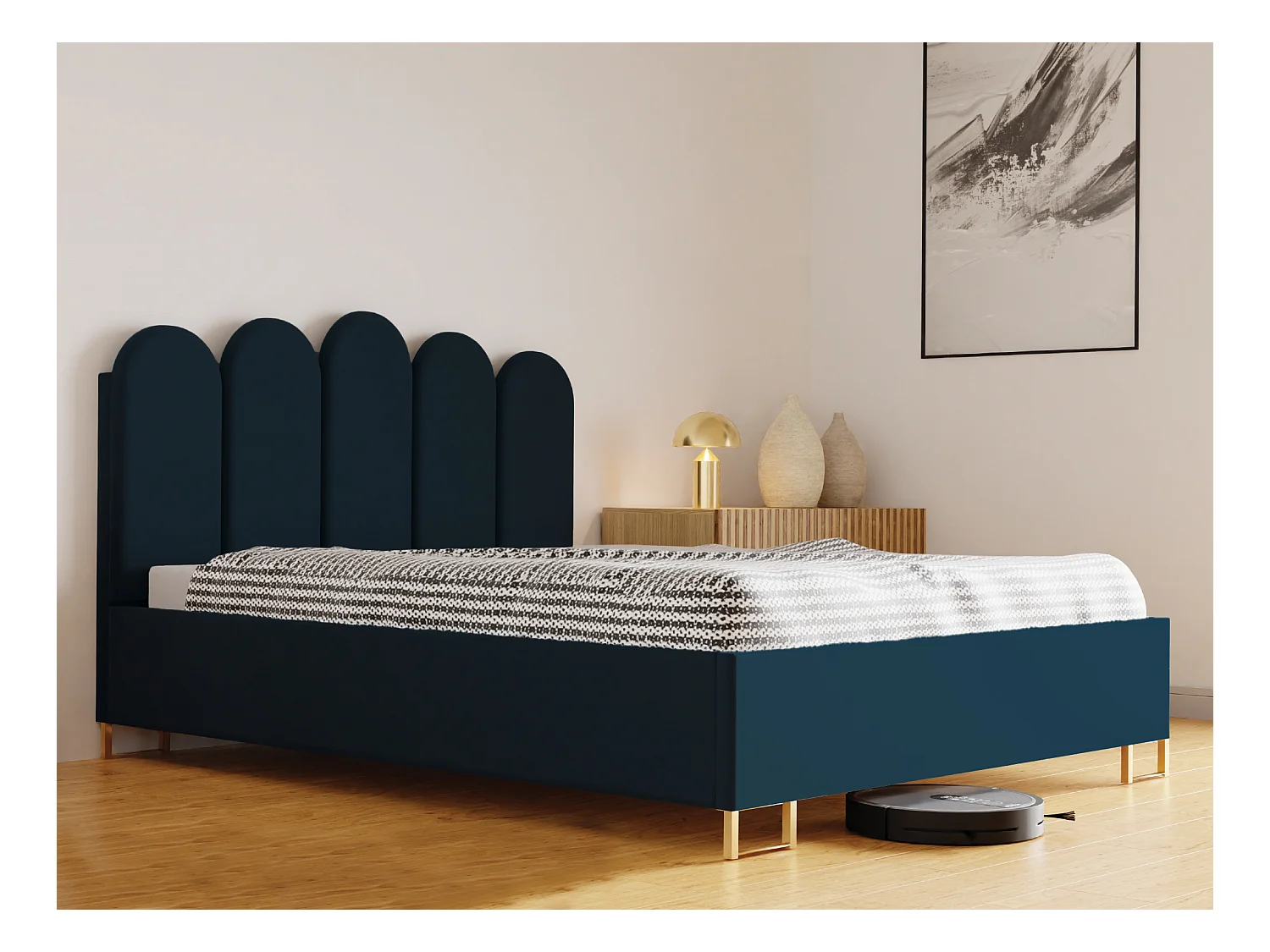 Lit MALAGA, tête de lit rembourrée, revêtement KRONOS haut de gamme, coffre avec vérins à gaz, hauteur confort 39 cm, 120x200 cm, Bleu foncé