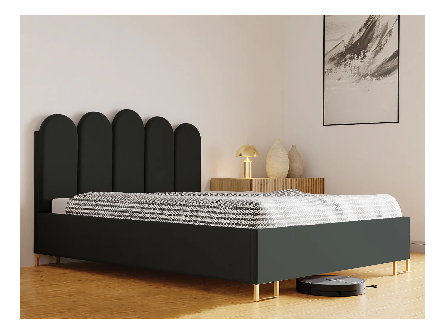 Lit MALAGA, tête de lit rembourrée, revêtement KRONOS haut de gamme, coffre avec vérins à gaz, hauteur confort 39 cm, 120x200 cm, Vert foncé