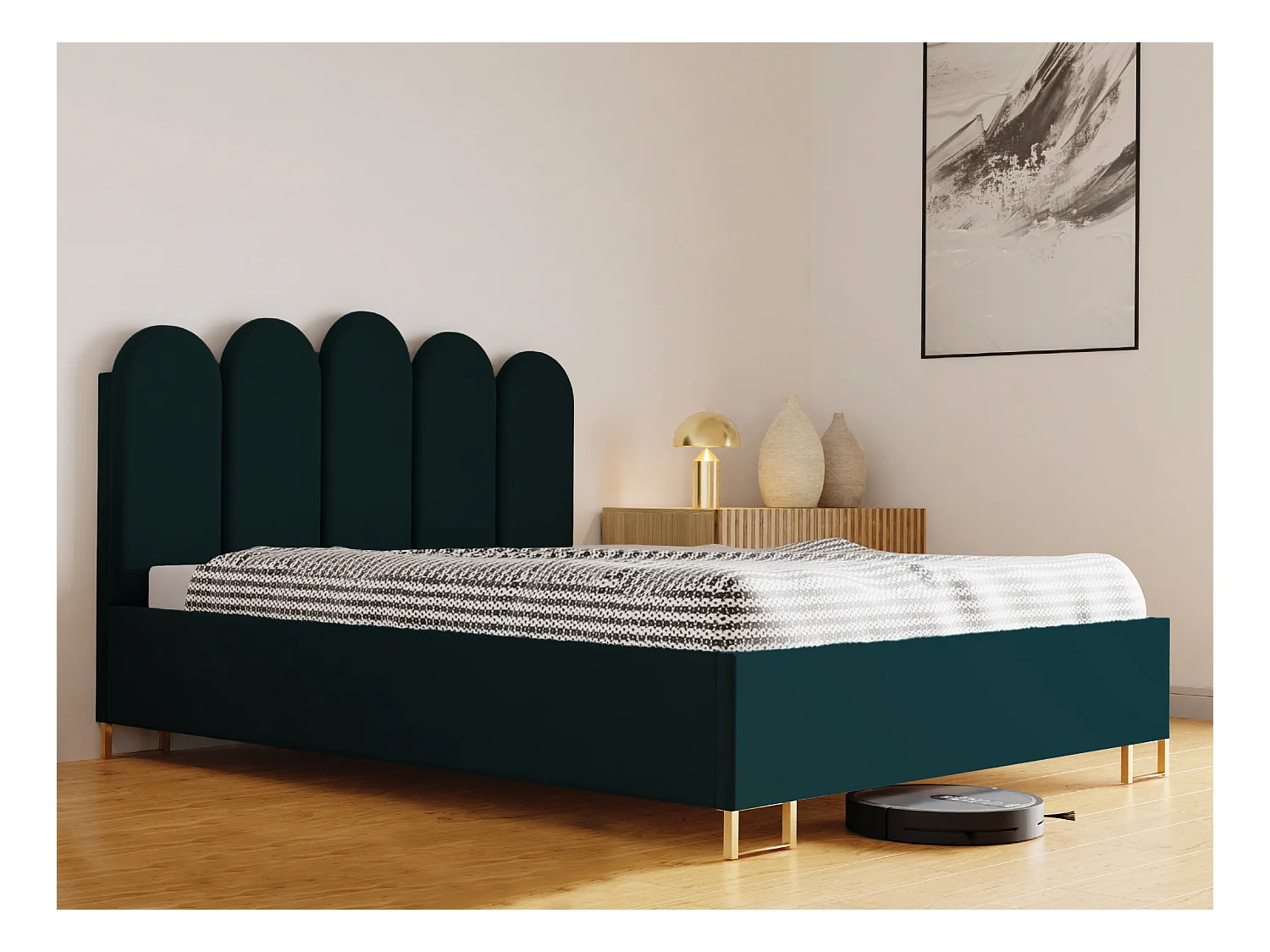 Lit MALAGA, tête de lit rembourrée, revêtement KRONOS haut de gamme, coffre avec vérins à gaz, hauteur confort 39 cm, 120x200 cm, Vert