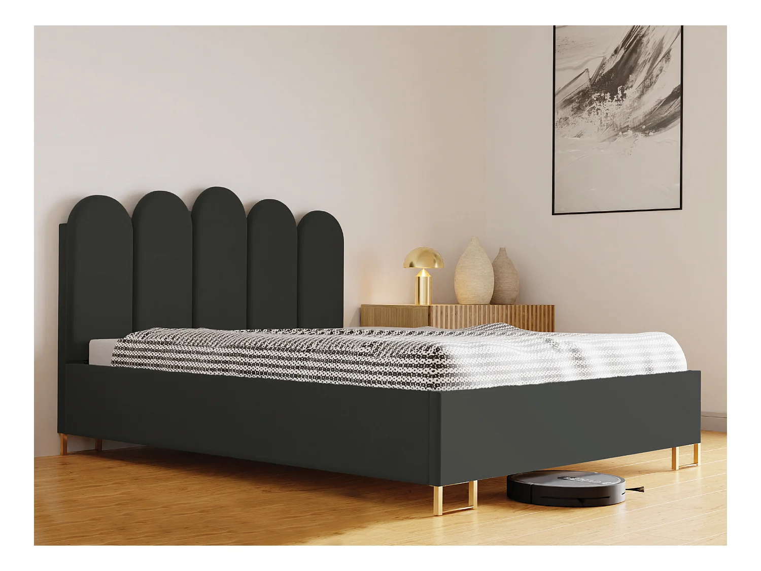 Lit MALAGA, tête de lit rembourrée, revêtement KRONOS haut de gamme, coffre avec vérins à gaz, hauteur confort 39 cm, 180x200 cm, Anthracite