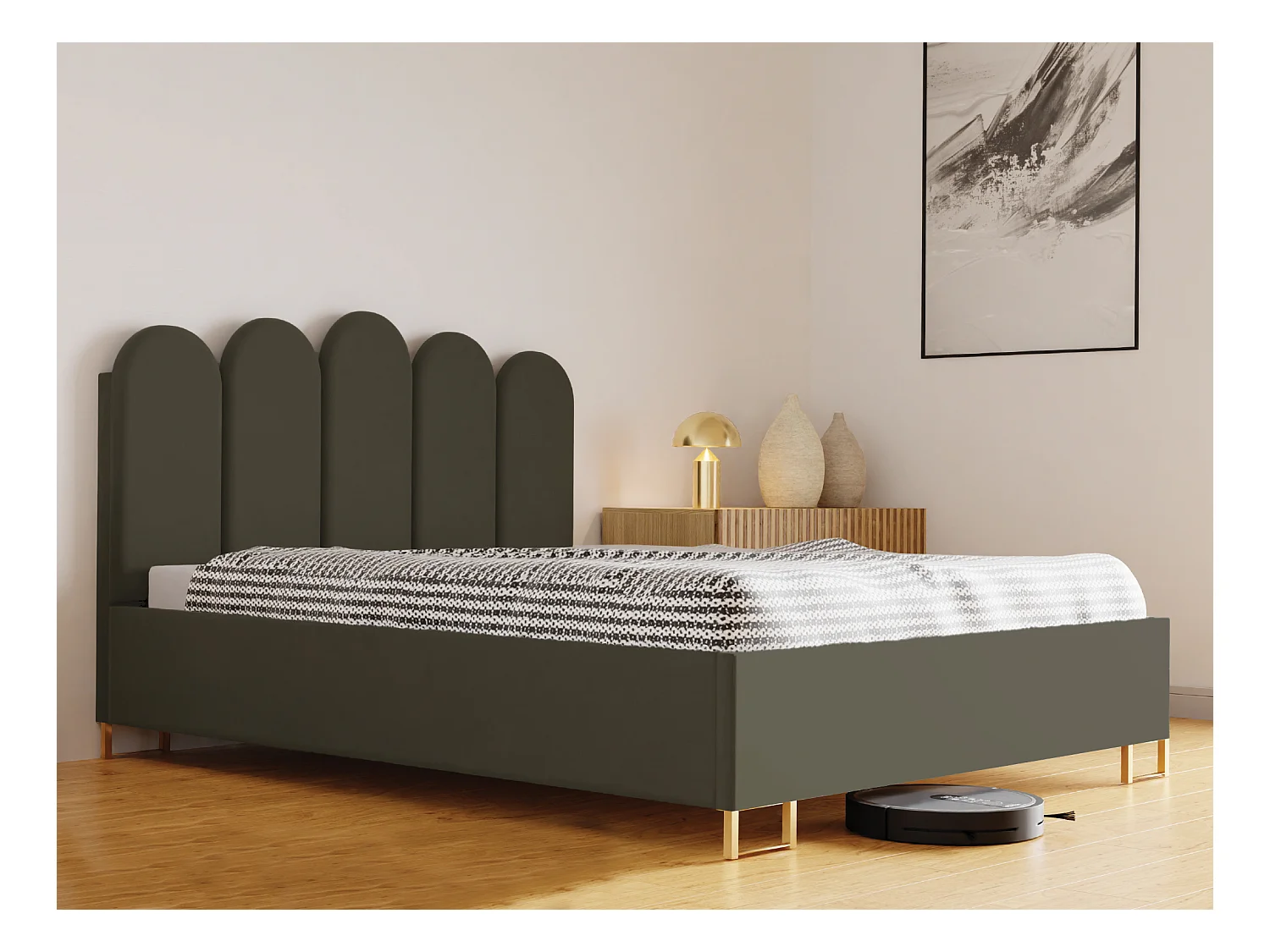 Lit MALAGA, tête de lit rembourrée, revêtement KRONOS haut de gamme, coffre avec vérins à gaz, hauteur confort 39 cm, 120x200 cm, Vert olive