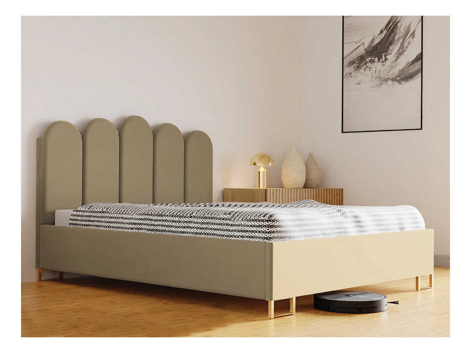 Lit MALAGA, tête de lit rembourrée, revêtement KRONOS haut de gamme, coffre avec vérins à gaz, hauteur confort 39 cm, 120x200 cm, Beige