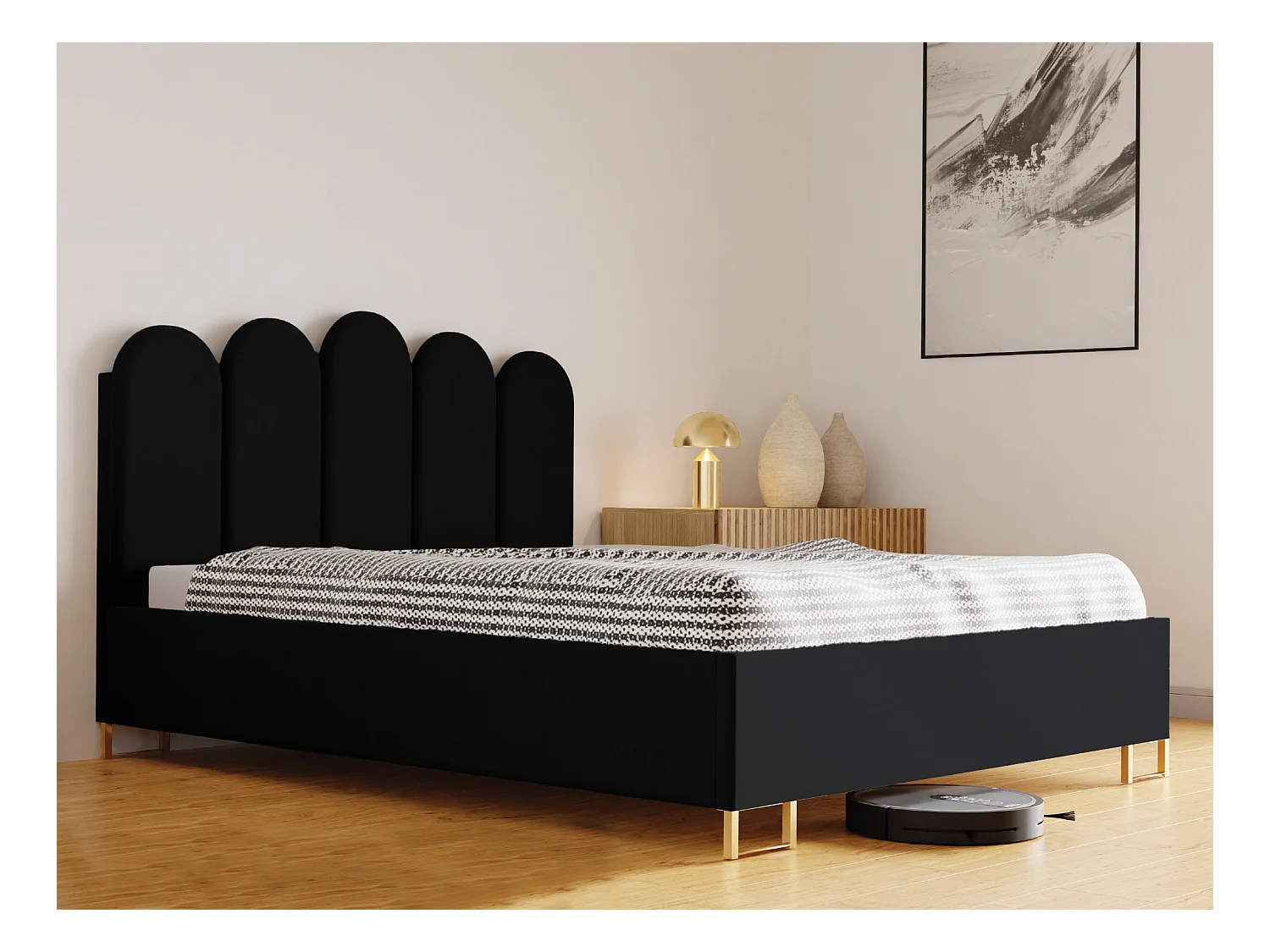 Lit MALAGA, tête de lit rembourrée, revêtement KRONOS haut de gamme, coffre avec vérins à gaz, hauteur confort 39 cm, 120x200 cm, Noir
