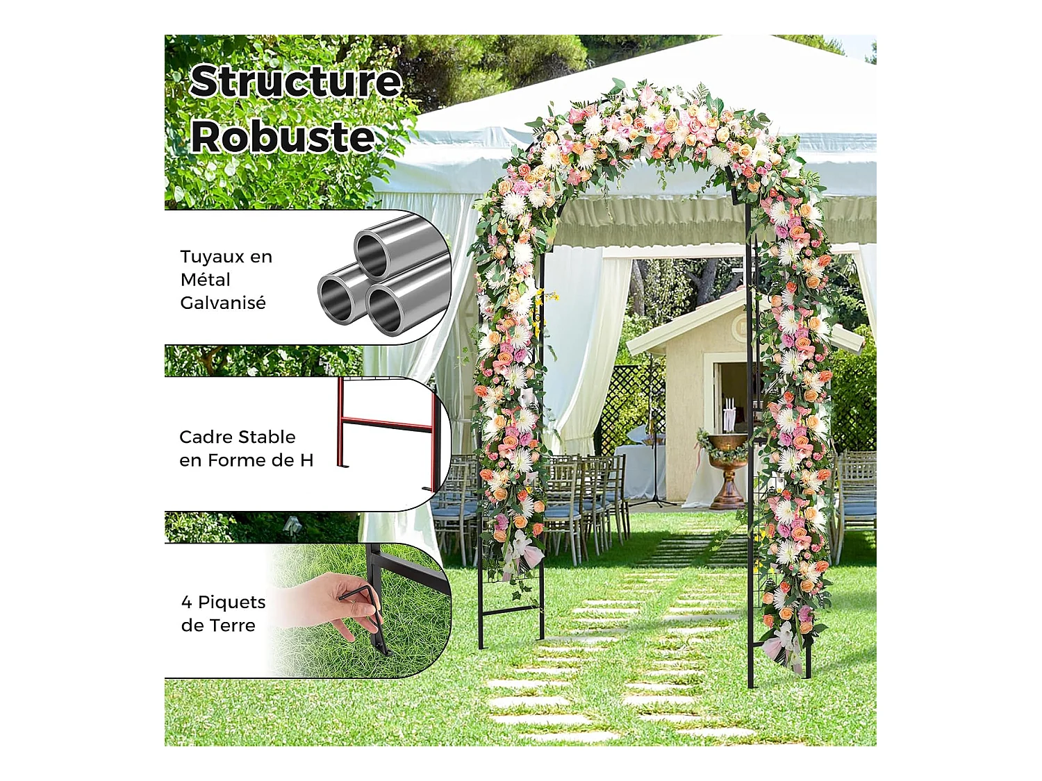 Arche de Jardin Extérieur en Métal pour Plantes Grimpantes, Treillis de Jardin avec Toit Élégant, Arche Décorative pour Mariage Fête et Cérémonie, 143 x 40 x 234 cm