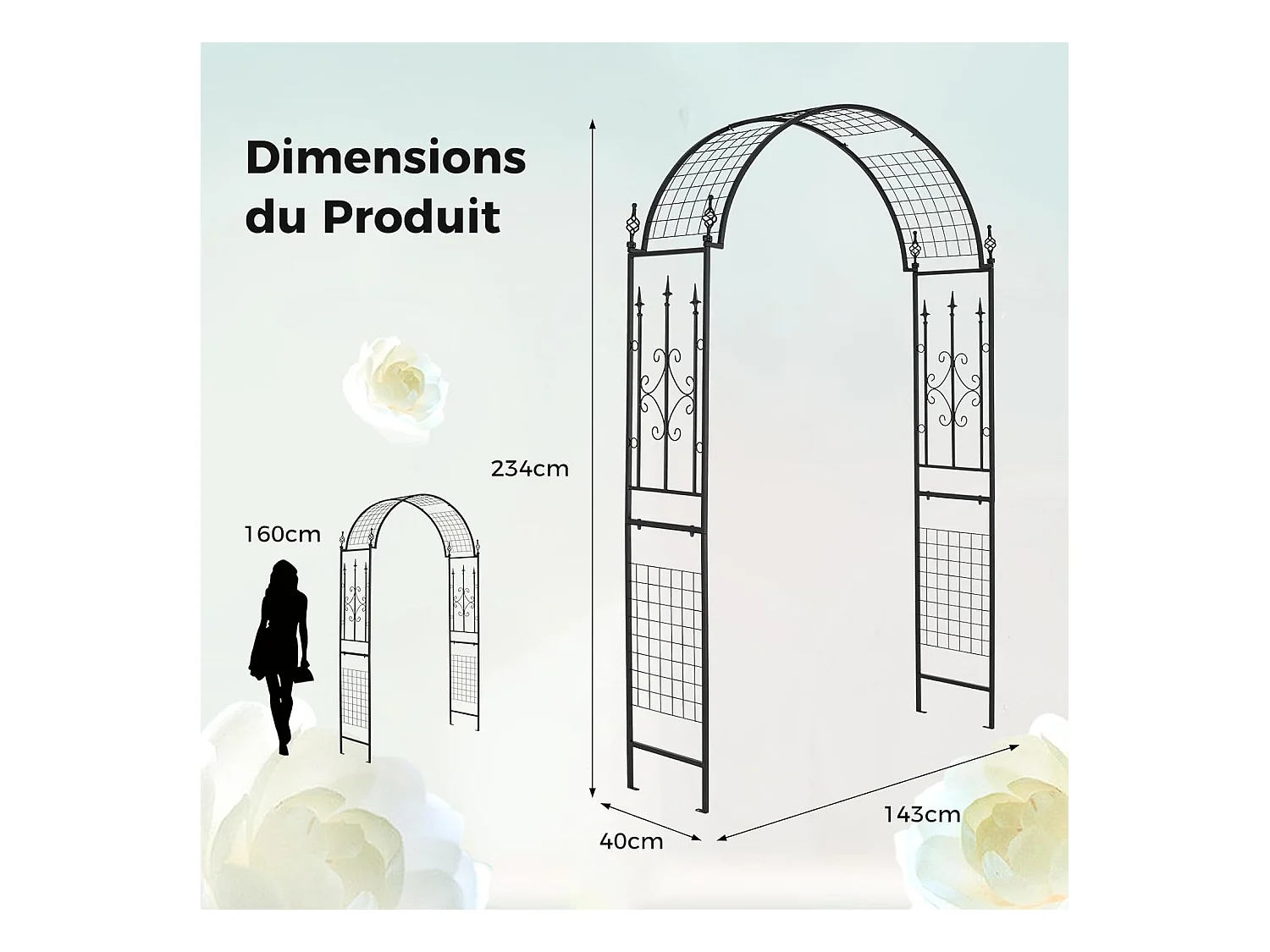 Arche de Jardin Extérieur en Métal pour Plantes Grimpantes, Treillis de Jardin avec Toit Élégant, Arche Décorative pour Mariage Fête et Cérémonie, 143 x 40 x 234 cm