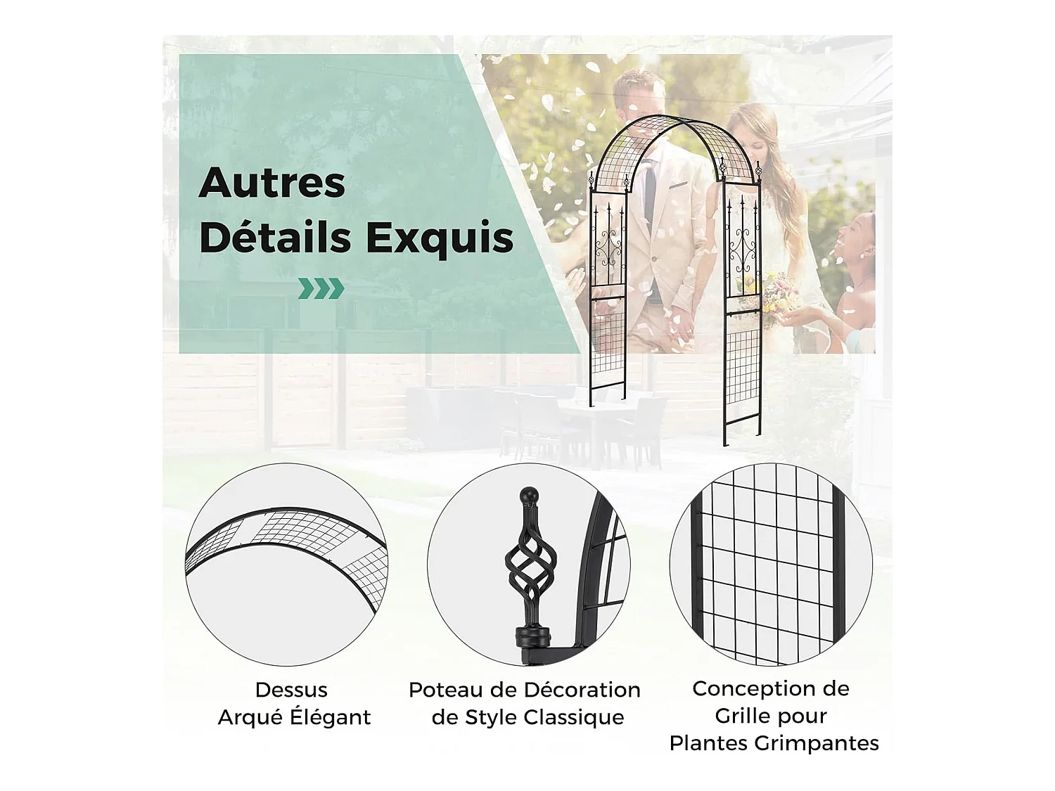 Arche de Jardin Extérieur en Métal pour Plantes Grimpantes, Treillis de Jardin avec Toit Élégant, Arche Décorative pour Mariage Fête et Cérémonie, 143 x 40 x 234 cm