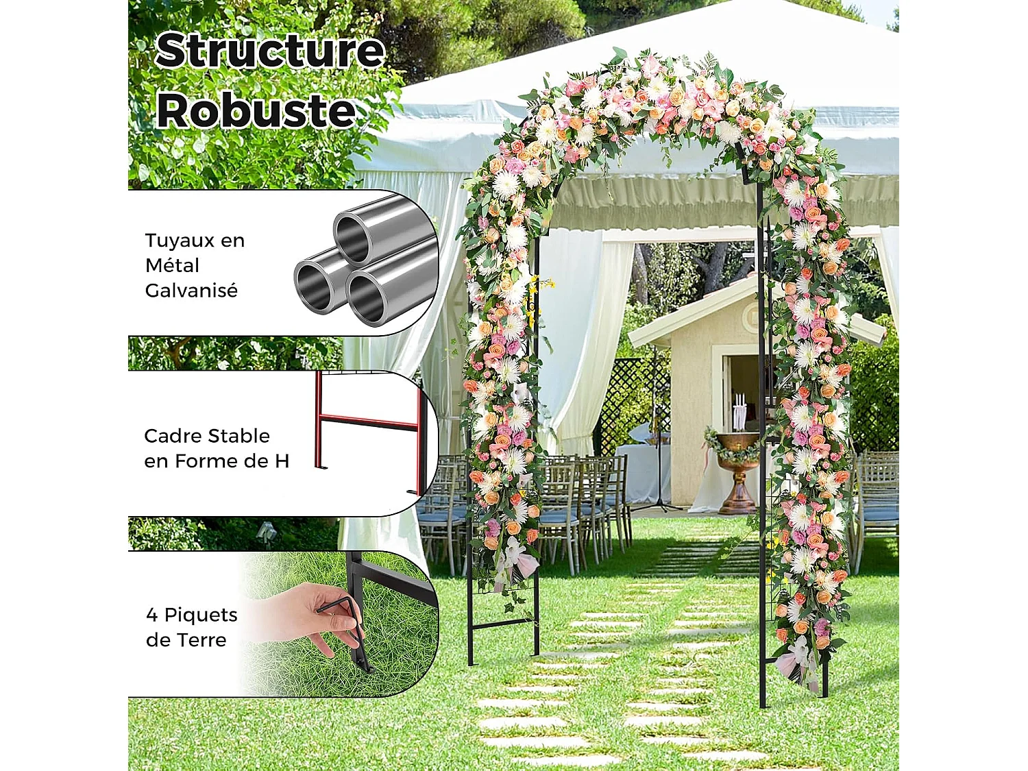 Arche de Jardin Extérieur en Métal pour Plantes Grimpantes, Treillis de Jardin avec Toit Élégant, Arche Décorative pour Mariage Fête et Cérémonie, 143 x 40 x 234 cm