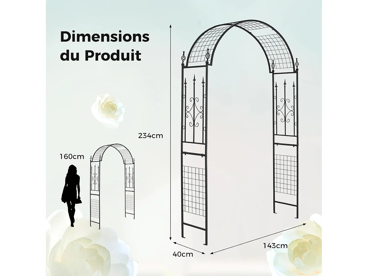 Arche de Jardin Extérieur en Métal pour Plantes Grimpantes, Treillis de Jardin avec Toit Élégant, Arche Décorative pour Mariage Fête et Cérémonie, 143 x 40 x 234 cm