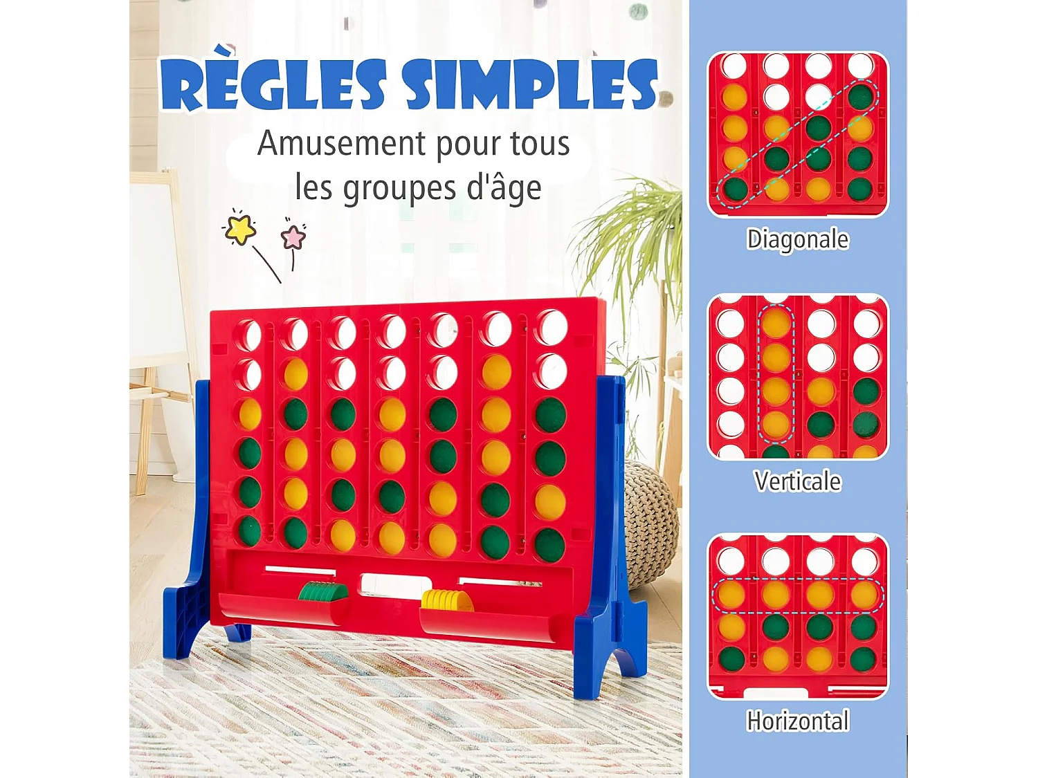 Jeux Puissance 4 Géant Mural avec 42 Jetons, Jeu de Société Ludique & Éducatif avec Sac de Transport & 2 Plateaux, pour Enfant & Adulte, 62x20x48,5cm (Rouge)