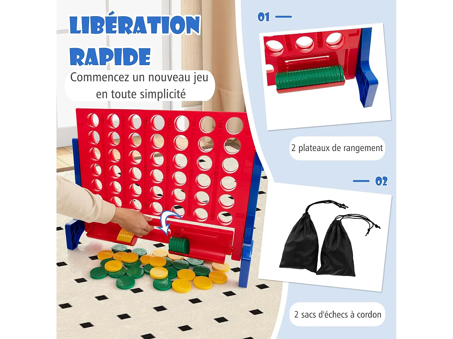 Jeux Puissance 4 Géant Mural avec 42 Jetons, Jeu de Société Ludique & Éducatif avec Sac de Transport & 2 Plateaux, pour Enfant & Adulte, 62x20x48,5cm (Rouge)