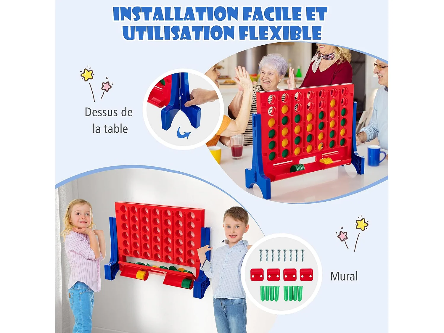 Jeux Puissance 4 Géant Mural avec 42 Jetons, Jeu de Société Ludique & Éducatif avec Sac de Transport & 2 Plateaux, pour Enfant & Adulte, 62x20x48,5cm (Rouge)