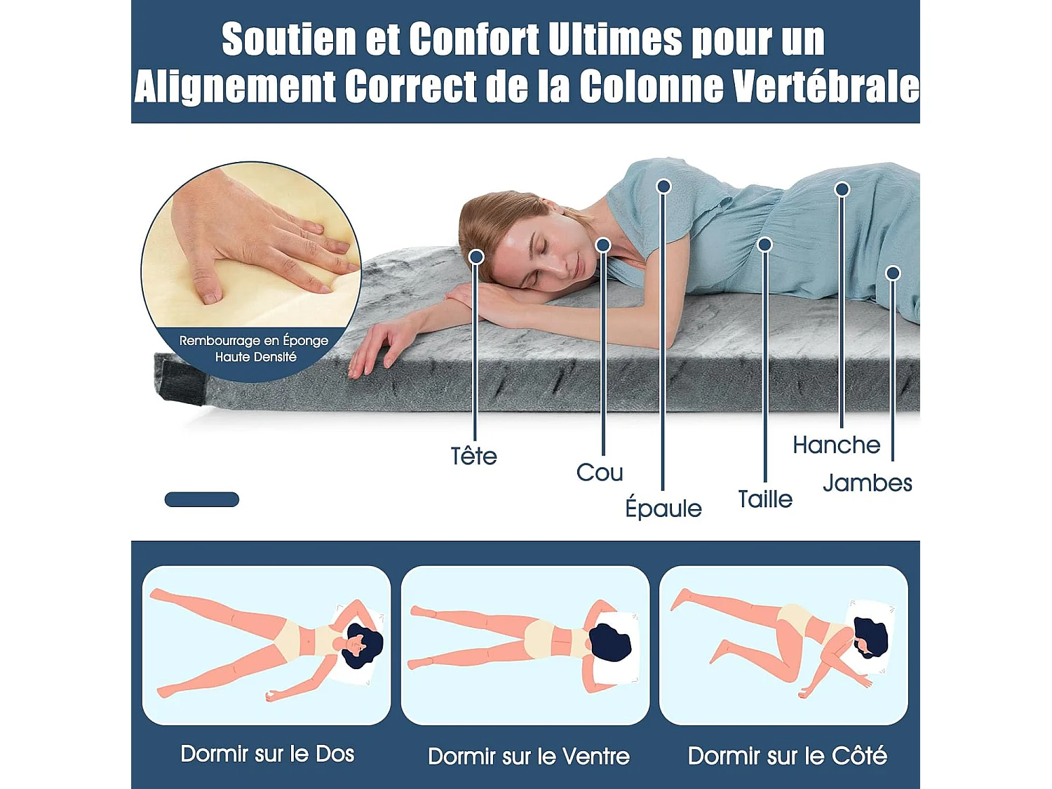 Matelas de Camping en Mousse à Mémoire de Forme, Matelas de Couchage Roulable Léger, Tissu Détachable et Imperméable, 183 x 62,5 x 6,5 cm (Gris)