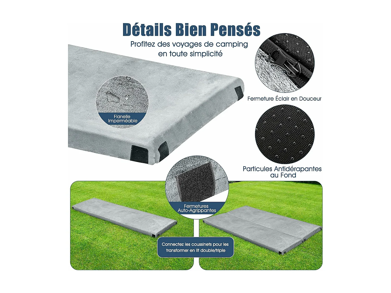 Matelas de Camping en Mousse à Mémoire de Forme, Matelas de Couchage Roulable Léger, Tissu Détachable et Imperméable, 183 x 62,5 x 6,5 cm (Gris)