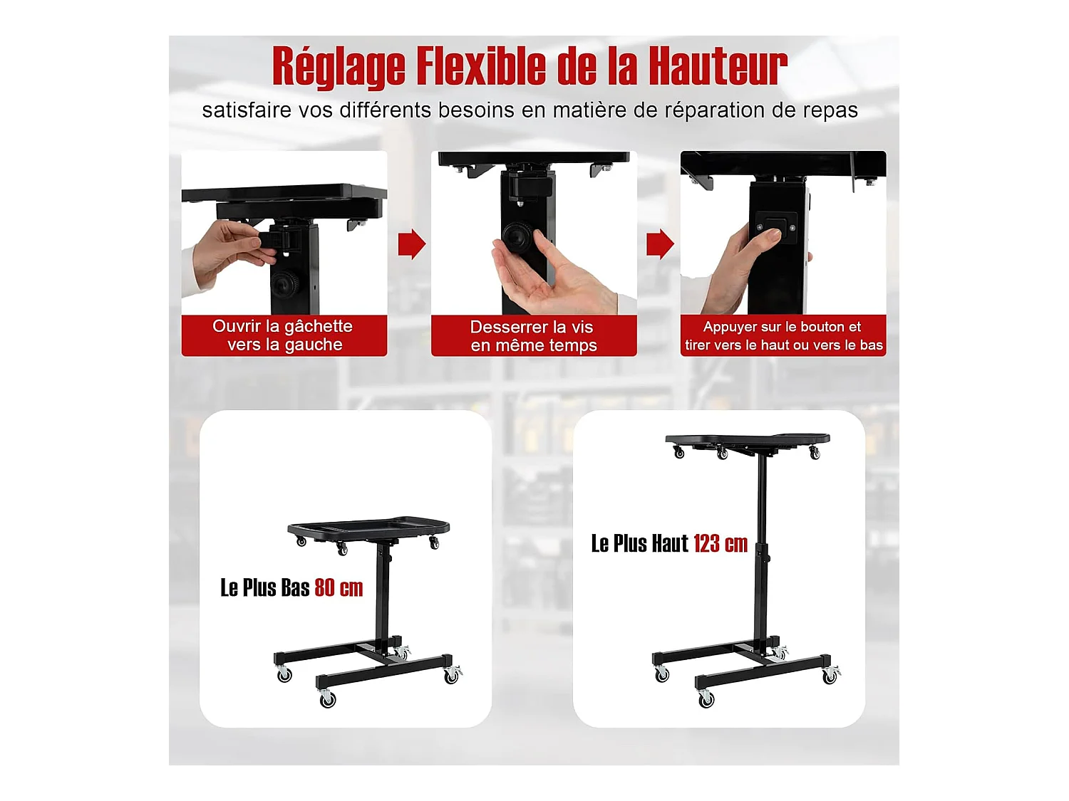 Plateau à Outils Roulant 2 en 1, Table de Travail Réglable en Hauteur Plateau Amovible, Chariot à Outils pour Mécanicien Charge 60 kg, pour Garage, Atelier