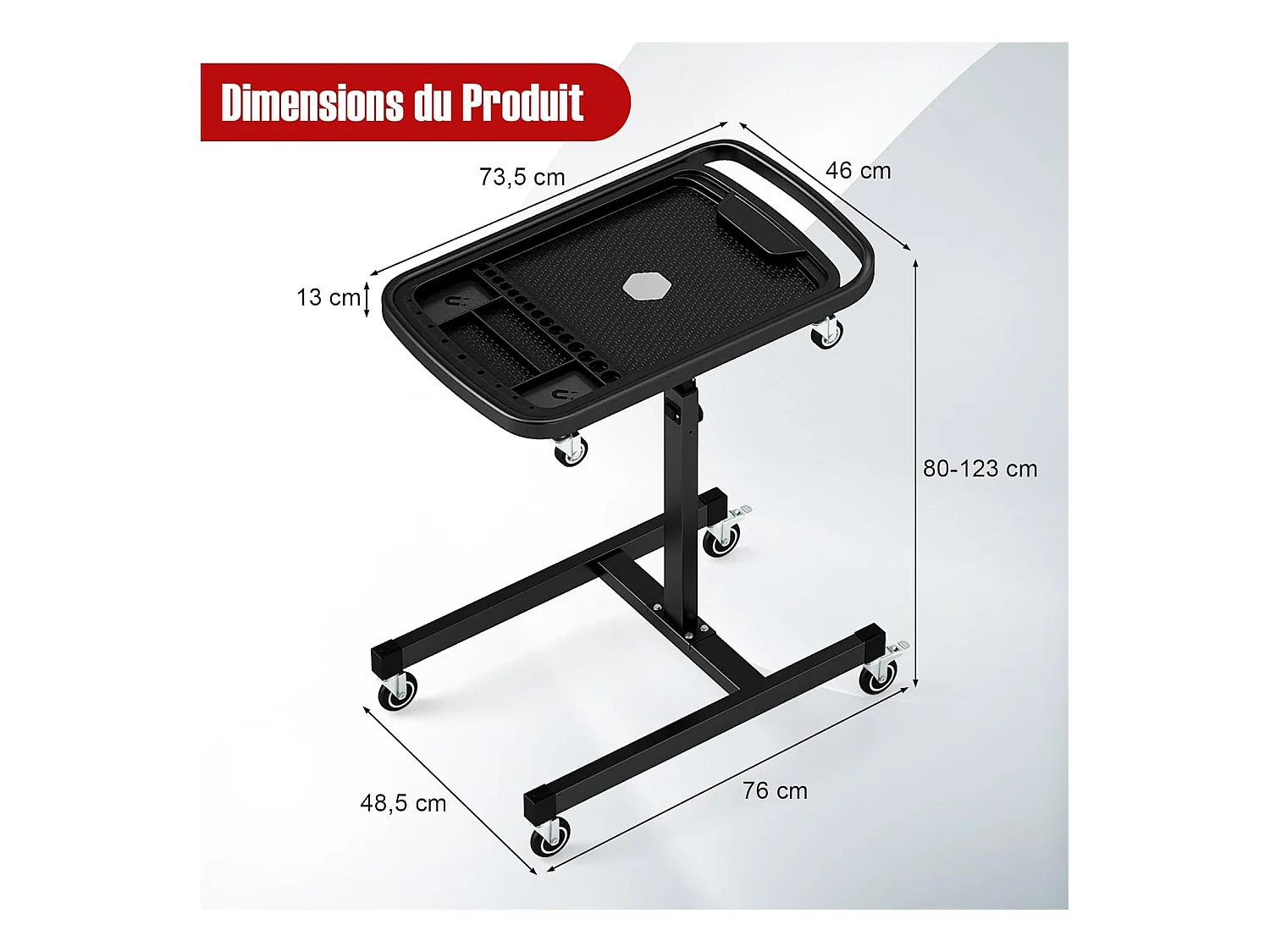 Plateau à Outils Roulant 2 en 1, Table de Travail Réglable en Hauteur Plateau Amovible, Chariot à Outils pour Mécanicien Charge 60 kg, pour Garage, Atelier