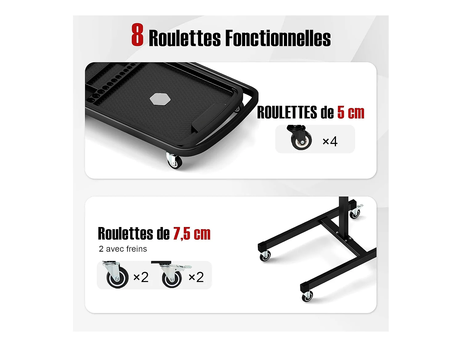 Plateau à Outils Roulant 2 en 1, Table de Travail Réglable en Hauteur Plateau Amovible, Chariot à Outils pour Mécanicien Charge 60 kg, pour Garage, Atelier