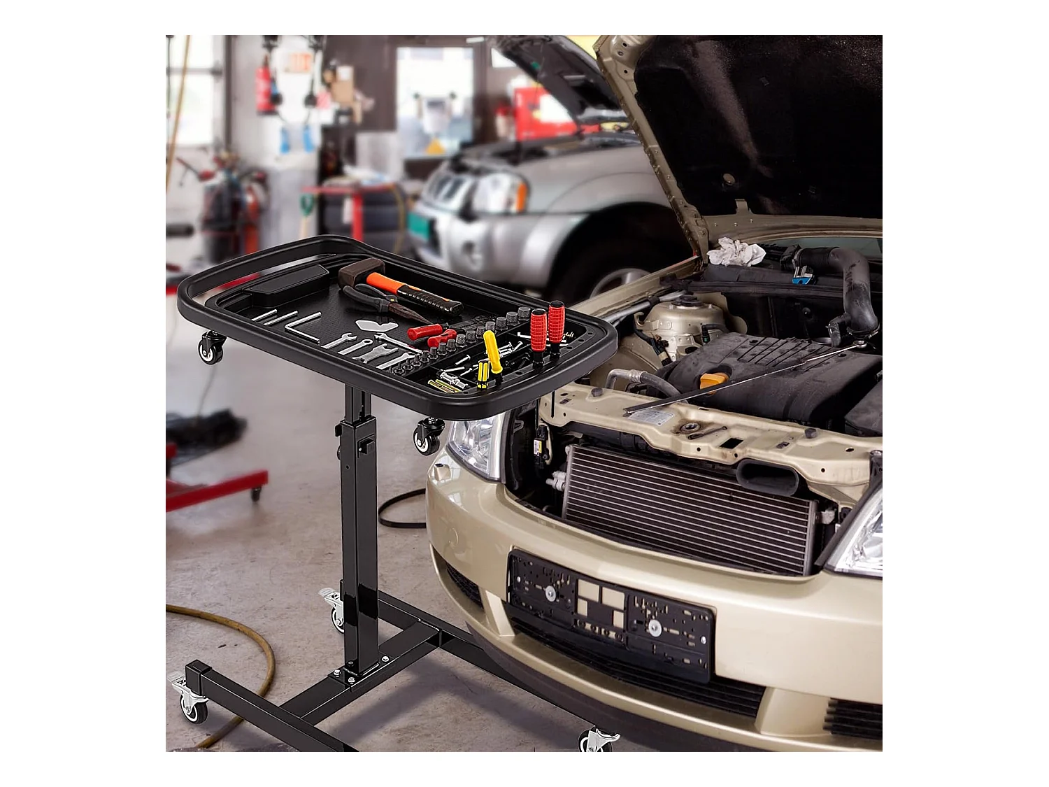 Plateau à Outils Roulant 2 en 1, Table de Travail Réglable en Hauteur Plateau Amovible, Chariot à Outils pour Mécanicien Charge 60 kg, pour Garage, Atelier