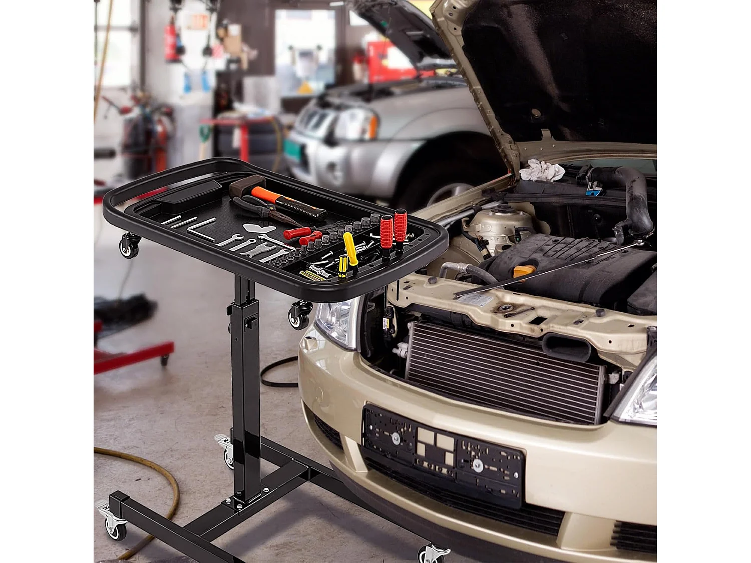 Plateau à Outils Roulant 2 en 1, Table de Travail Réglable en Hauteur Plateau Amovible, Chariot à Outils pour Mécanicien Charge 60 kg, pour Garage, Atelier