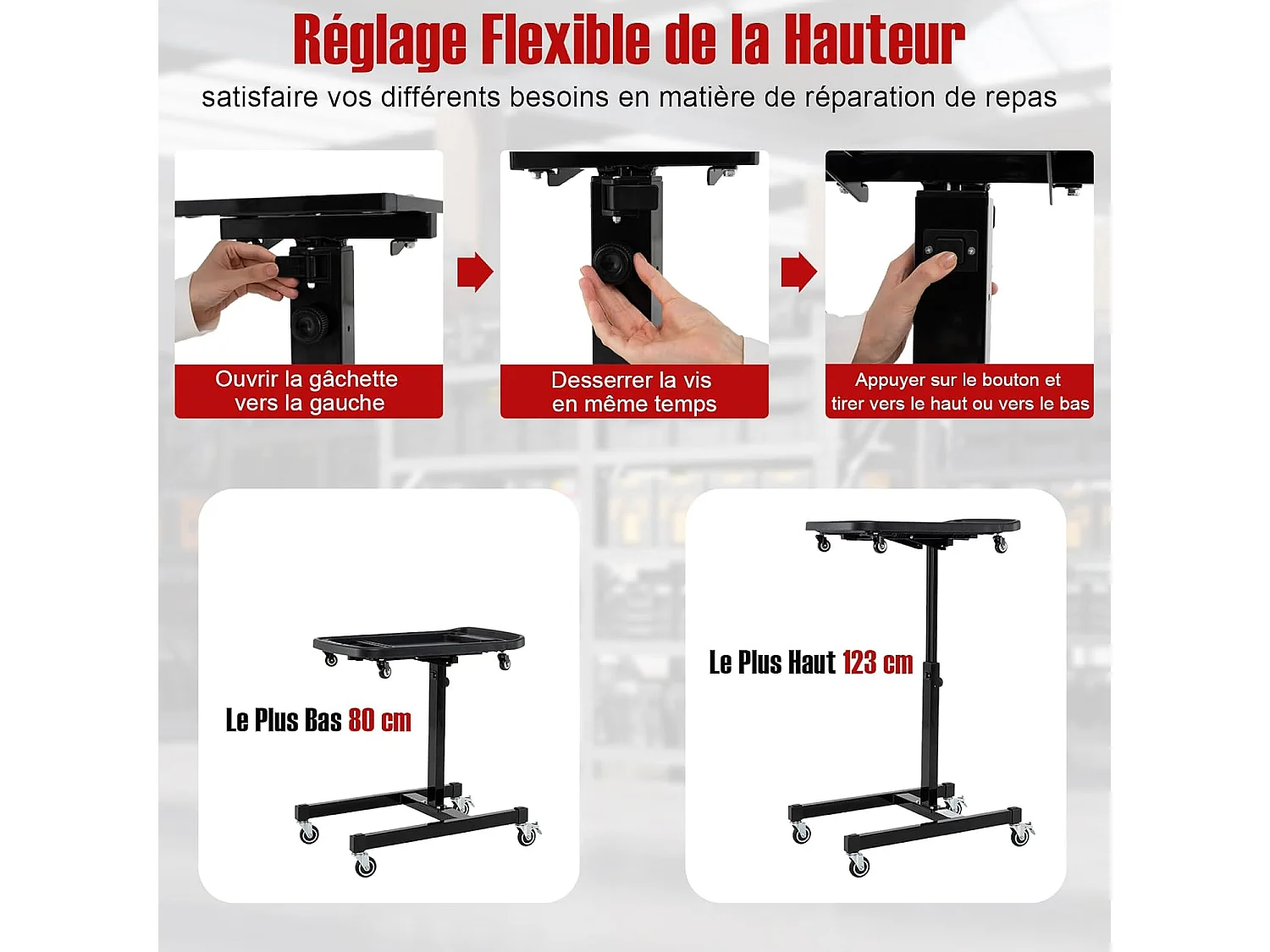 Plateau à Outils Roulant 2 en 1, Table de Travail Réglable en Hauteur Plateau Amovible, Chariot à Outils pour Mécanicien Charge 60 kg, pour Garage, Atelier