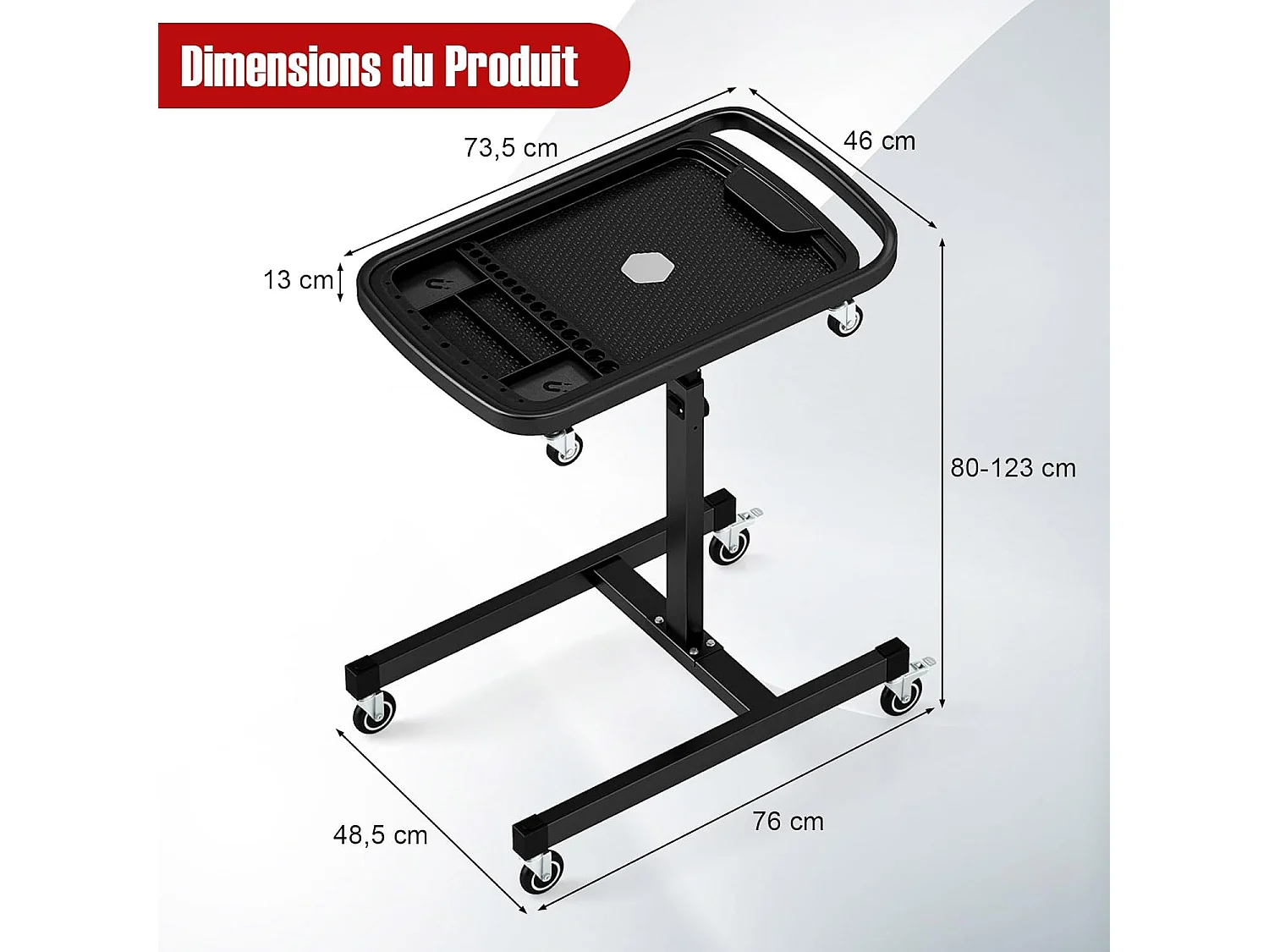 Plateau à Outils Roulant 2 en 1, Table de Travail Réglable en Hauteur Plateau Amovible, Chariot à Outils pour Mécanicien Charge 60 kg, pour Garage, Atelier