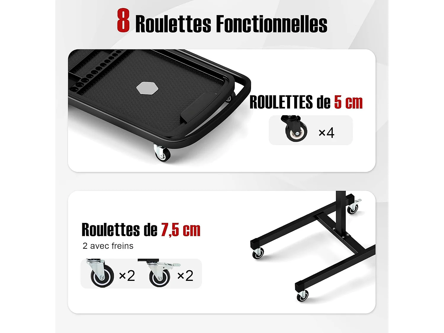 Plateau à Outils Roulant 2 en 1, Table de Travail Réglable en Hauteur Plateau Amovible, Chariot à Outils pour Mécanicien Charge 60 kg, pour Garage, Atelier