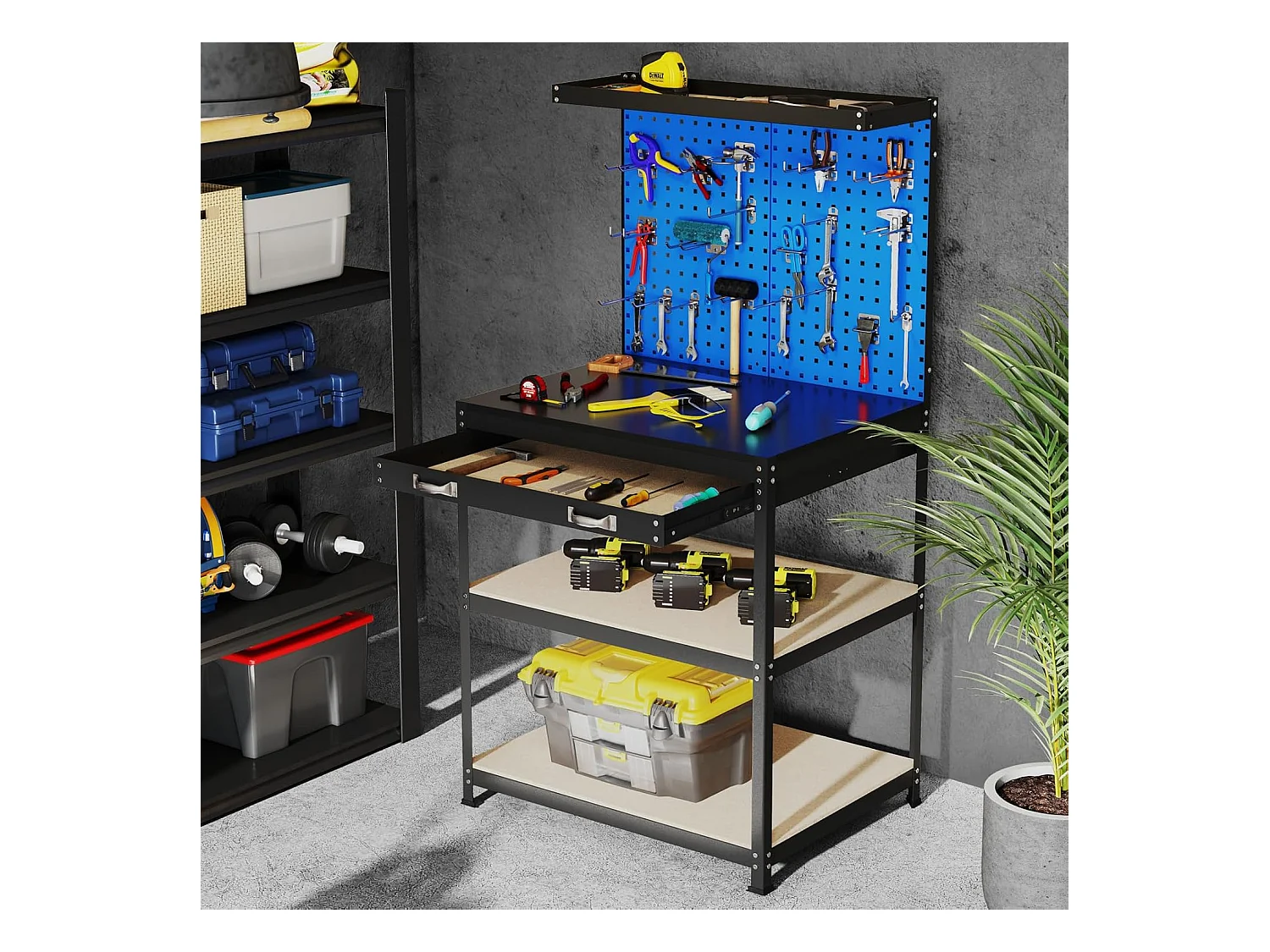 Établi Atelier Garage avec Étagères et Tiroirs 2 Panneaux Perforés, Table de Travail Cadre en Métal avec 20 Crochets de Suspension, 81 x 41 x 156 cm (Noir+Bleu)