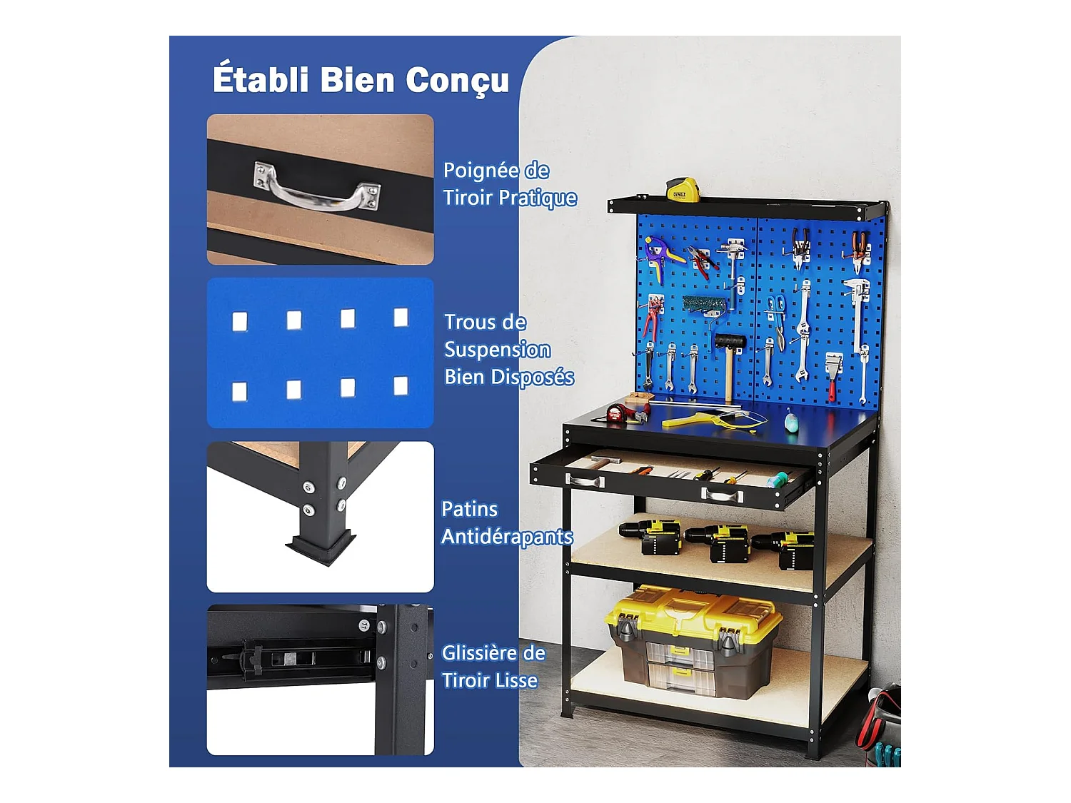 Établi Atelier Garage avec Étagères et Tiroirs 2 Panneaux Perforés, Table de Travail Cadre en Métal avec 20 Crochets de Suspension, 81 x 41 x 156 cm (Noir+Bleu)