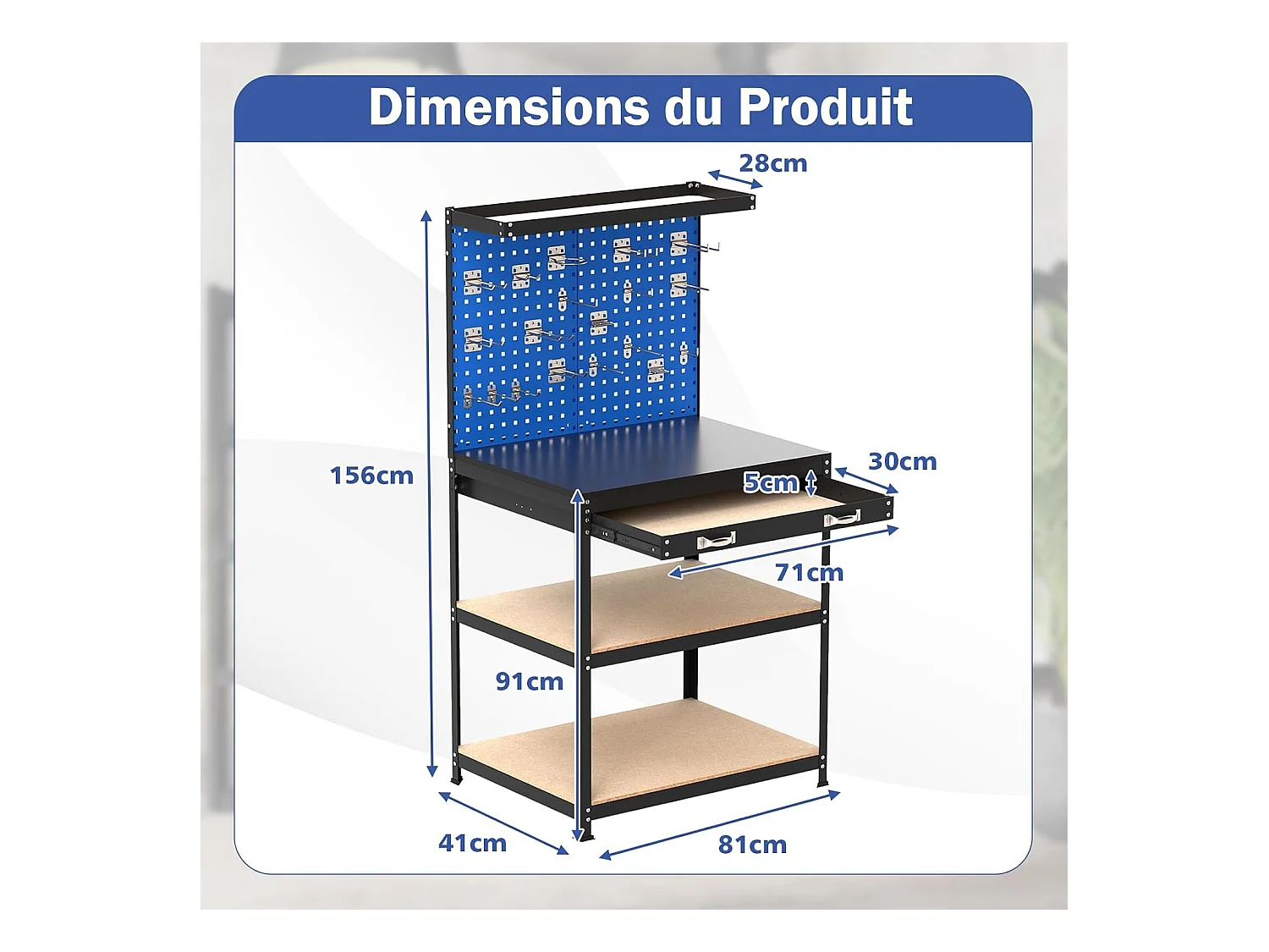 Établi Atelier Garage avec Étagères et Tiroirs 2 Panneaux Perforés, Table de Travail Cadre en Métal avec 20 Crochets de Suspension, 81 x 41 x 156 cm (Noir+Bleu)