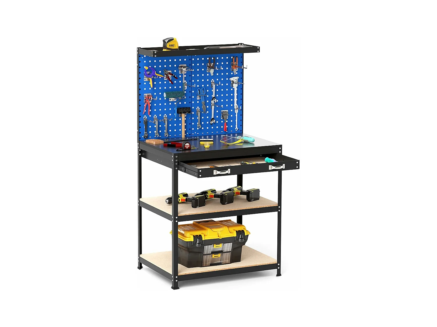 Établi Atelier Garage avec Étagères et Tiroirs 2 Panneaux Perforés, Table de Travail Cadre en Métal avec 20 Crochets de Suspension, 81 x 41 x 156 cm (Noir+Bleu)