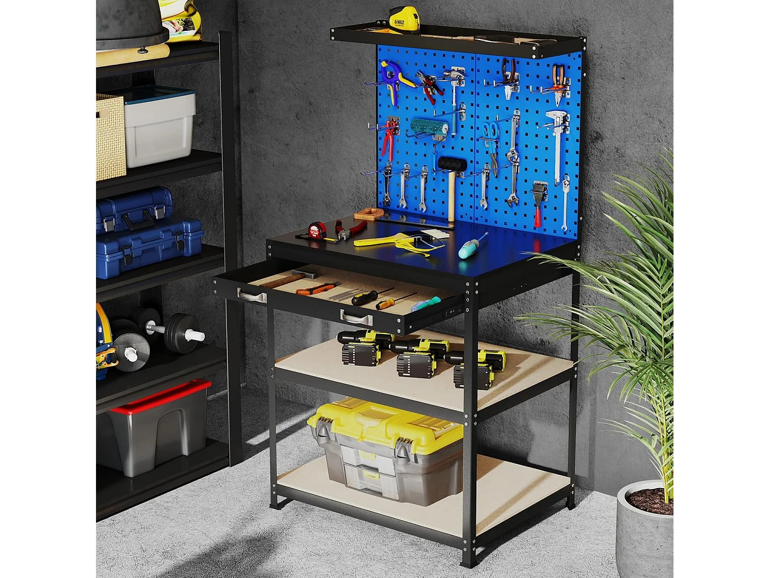 Établi Atelier Garage avec Étagères et Tiroirs 2 Panneaux Perforés, Table de Travail Cadre en Métal avec 20 Crochets de Suspension, 81 x 41 x 156 cm (Noir+Bleu)