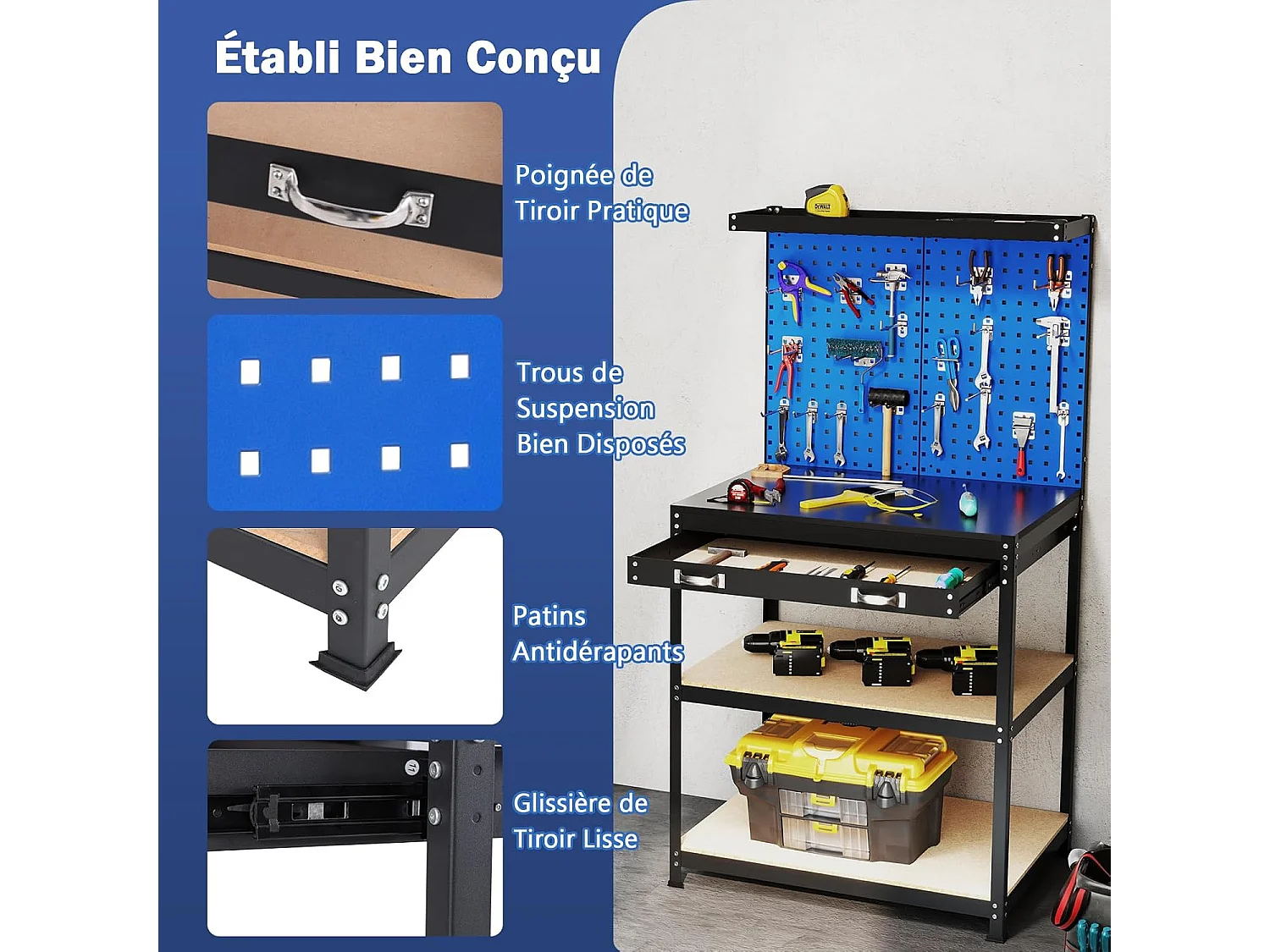 Établi Atelier Garage avec Étagères et Tiroirs 2 Panneaux Perforés, Table de Travail Cadre en Métal avec 20 Crochets de Suspension, 81 x 41 x 156 cm (Noir+Bleu)