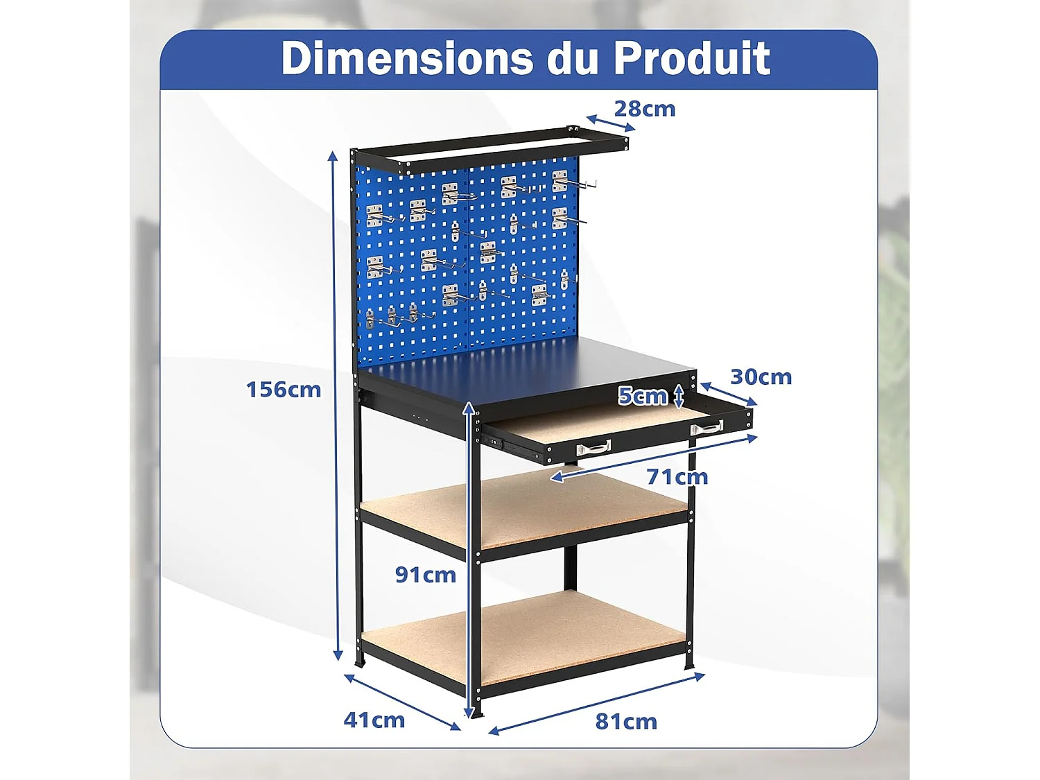 Établi Atelier Garage avec Étagères et Tiroirs 2 Panneaux Perforés, Table de Travail Cadre en Métal avec 20 Crochets de Suspension, 81 x 41 x 156 cm (Noir+Bleu)