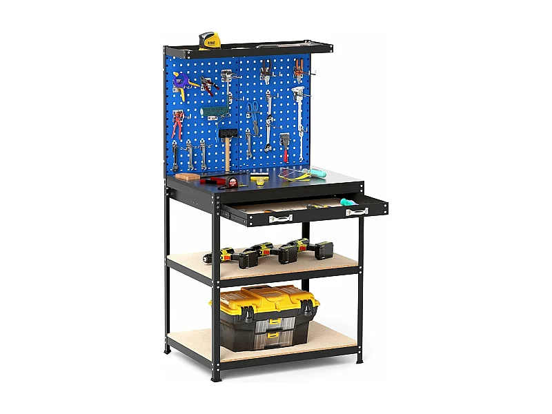 Werkbank voor garagewerkplaats met planken en lades, 2 prikborden, metalen frame en 20 ophanghaken, 81 x 41 x 156 cm (zwart + blauw)
