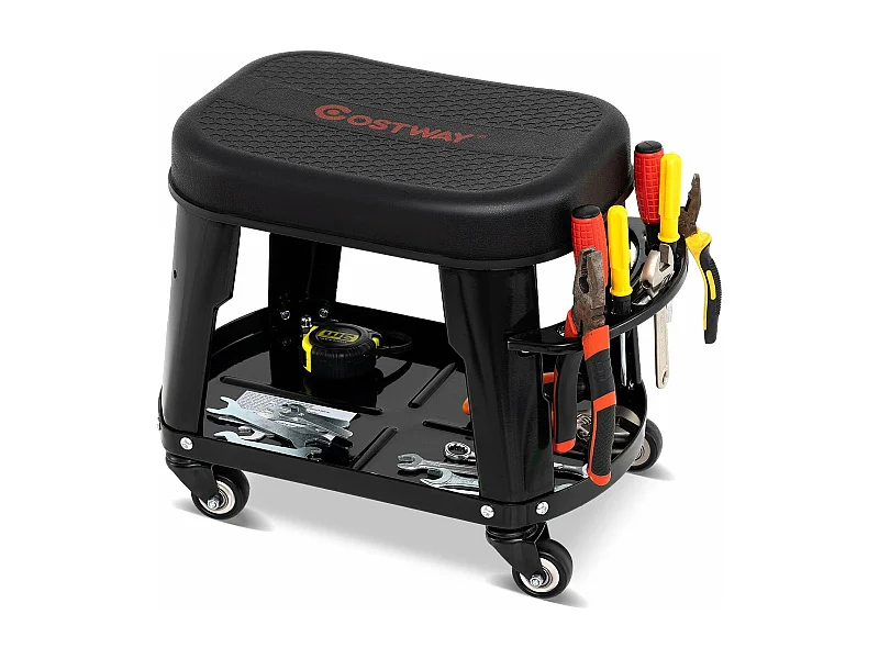 Tabouret d'Atelier Roulant avec Rangement, Siège de Mécanicien Amovible avec Plateau d'Equipement Porte-Outils Charge 136 kg, pour Garage Atelier, Noir