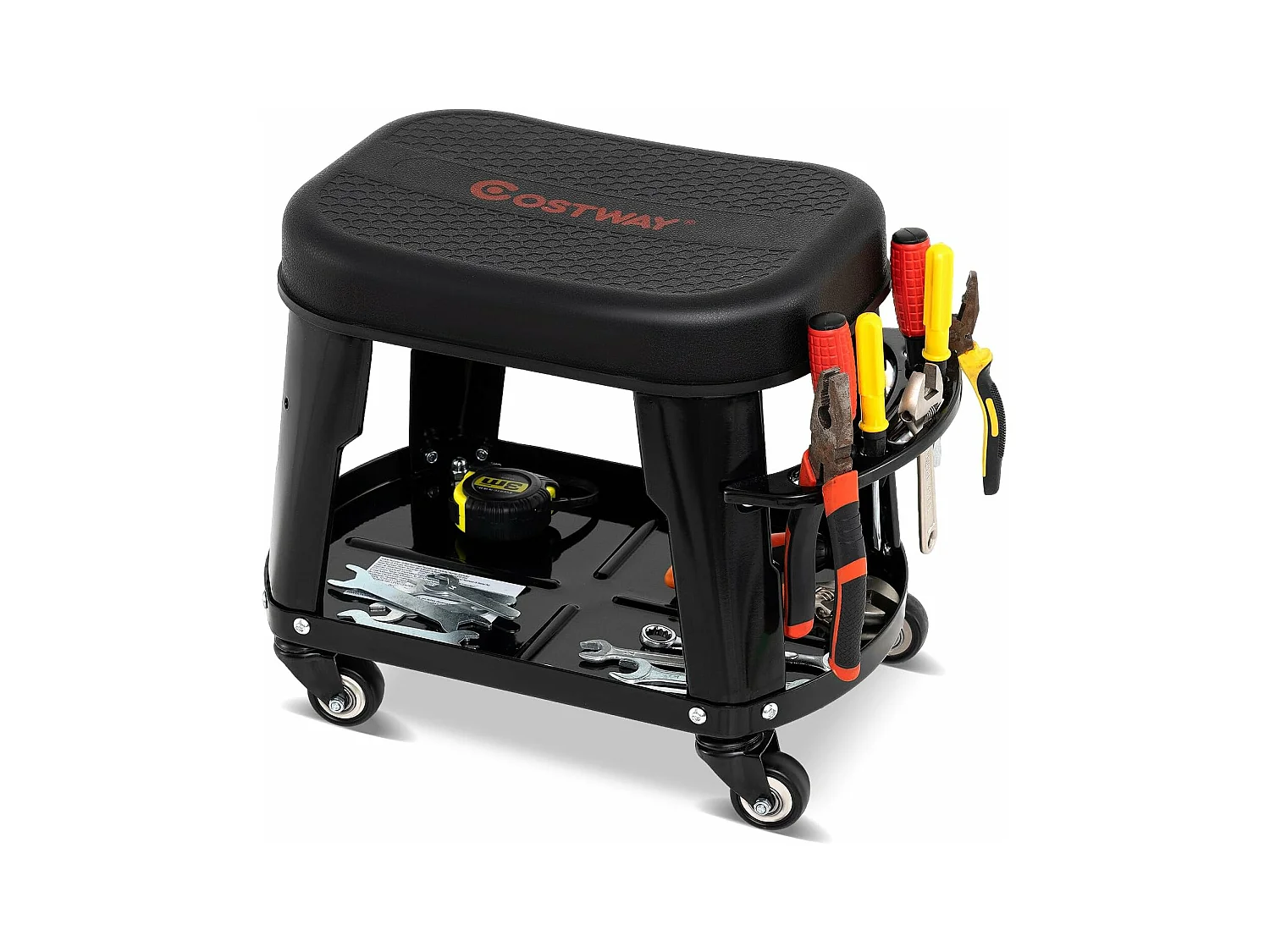 Tabouret d'Atelier Roulant avec Rangement, Siège de Mécanicien Amovible avec Plateau d'Equipement Porte-Outils Charge 136 kg, pour Garage Atelier, Noir