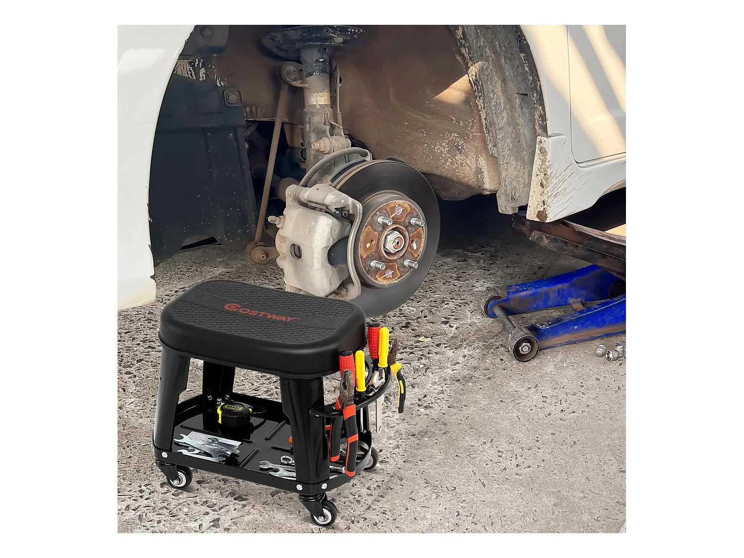 Tabouret d'Atelier Roulant avec Rangement, Siège de Mécanicien Amovible avec Plateau d'Equipement Porte-Outils Charge 136 kg, pour Garage Atelier, Noir