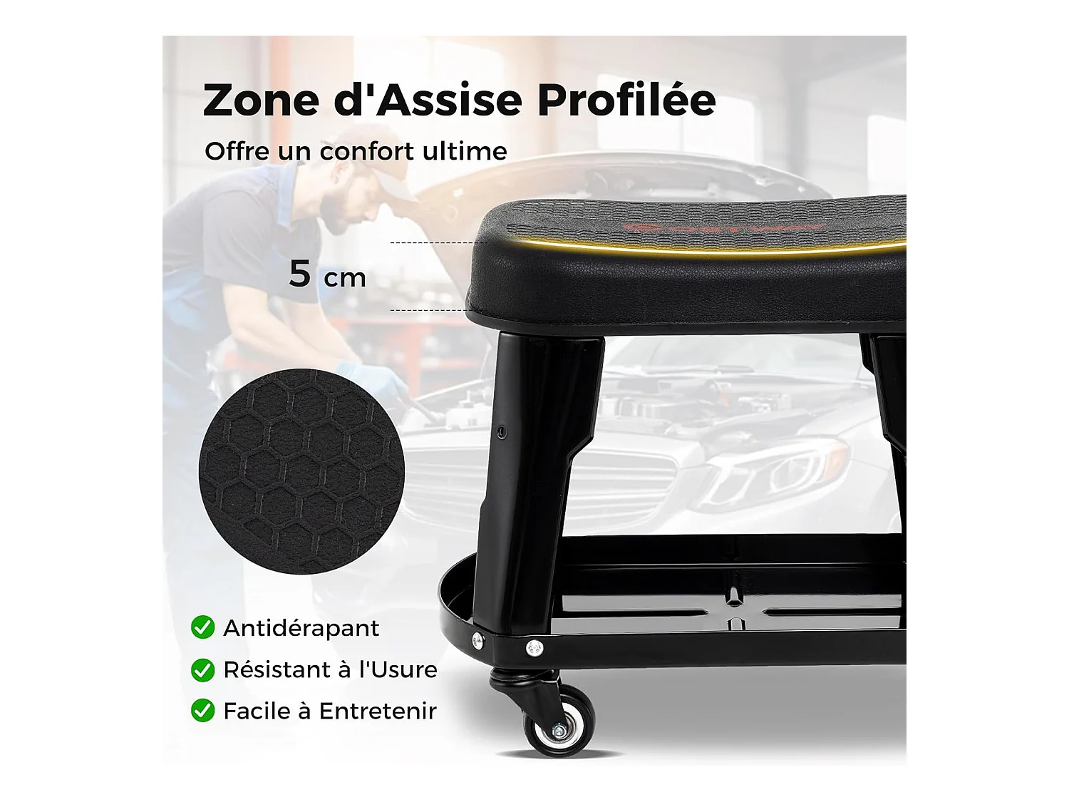 Tabouret d'Atelier Roulant avec Rangement, Siège de Mécanicien Amovible avec Plateau d'Equipement Porte-Outils Charge 136 kg, pour Garage Atelier, Noir