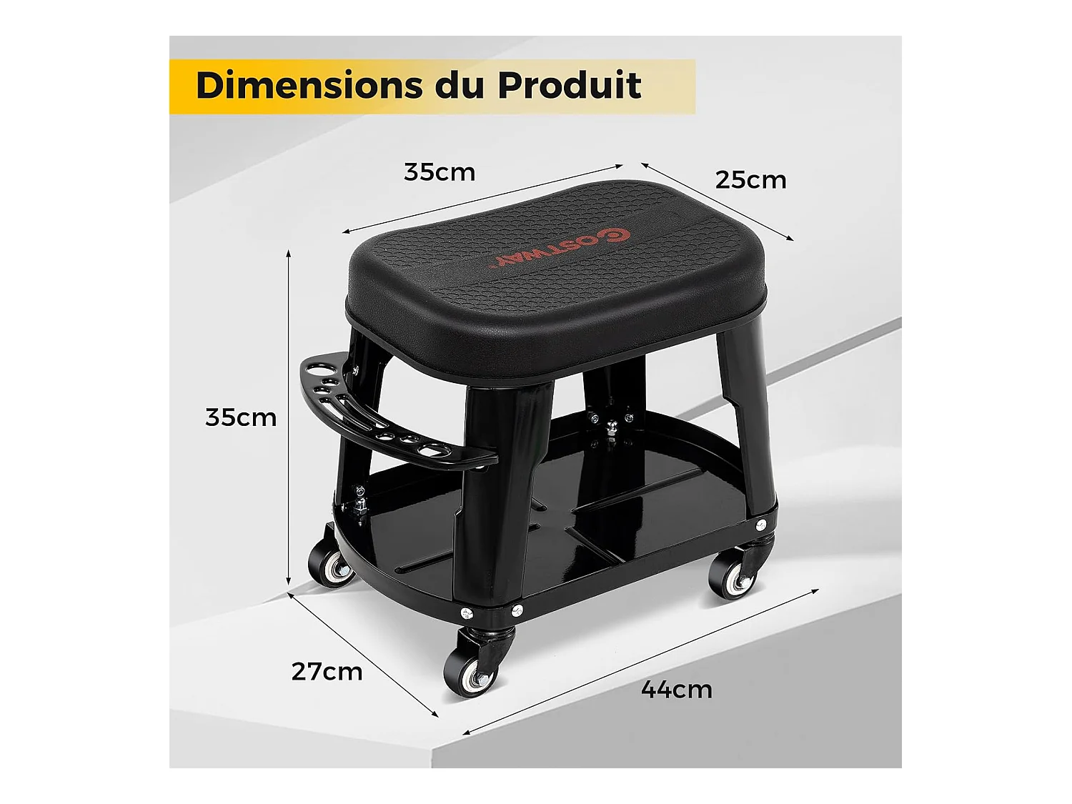 Tabouret d'Atelier Roulant avec Rangement, Siège de Mécanicien Amovible avec Plateau d'Equipement Porte-Outils Charge 136 kg, pour Garage Atelier, Noir