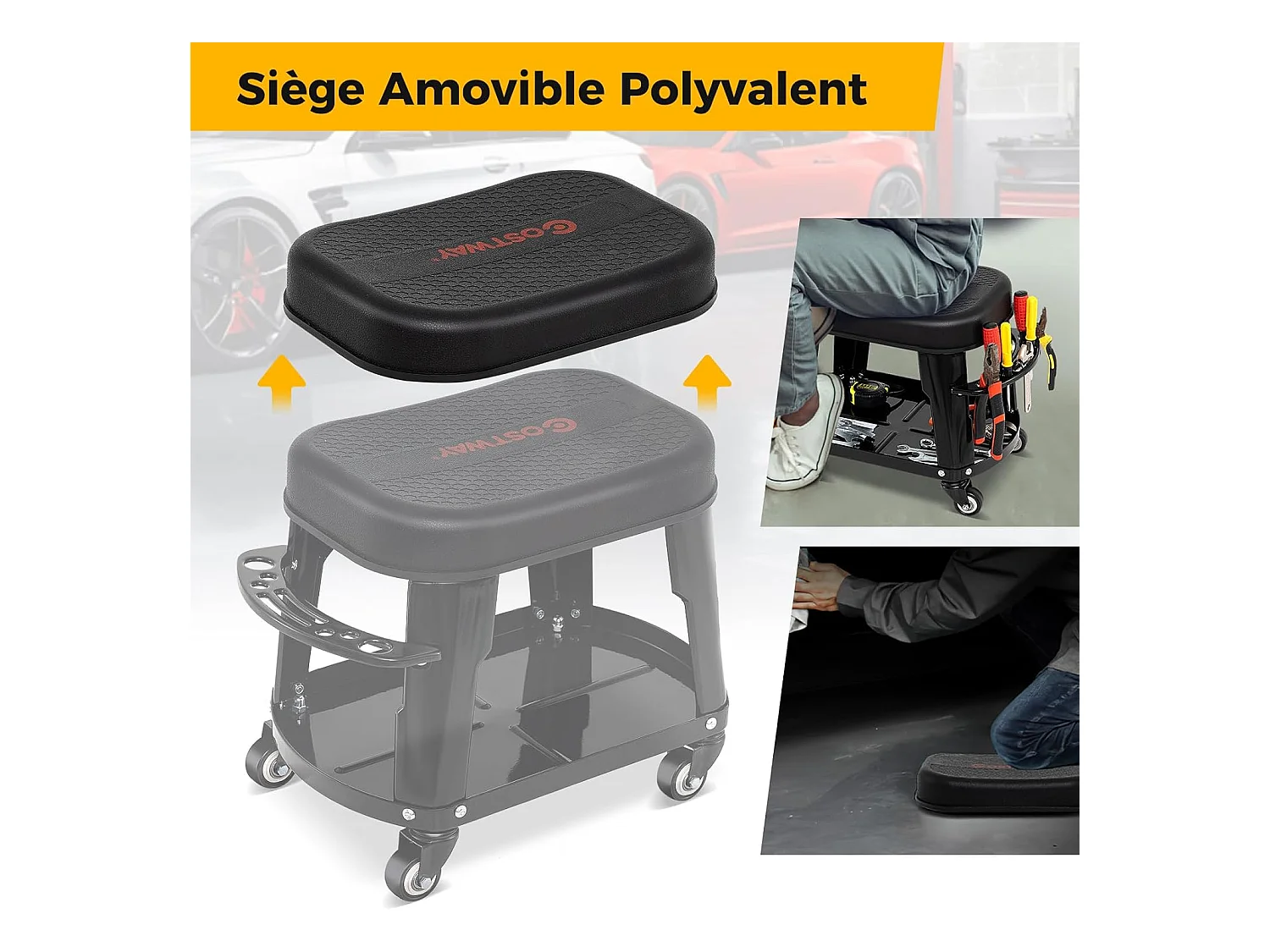 Tabouret d'Atelier Roulant avec Rangement, Siège de Mécanicien Amovible avec Plateau d'Equipement Porte-Outils Charge 136 kg, pour Garage Atelier, Noir