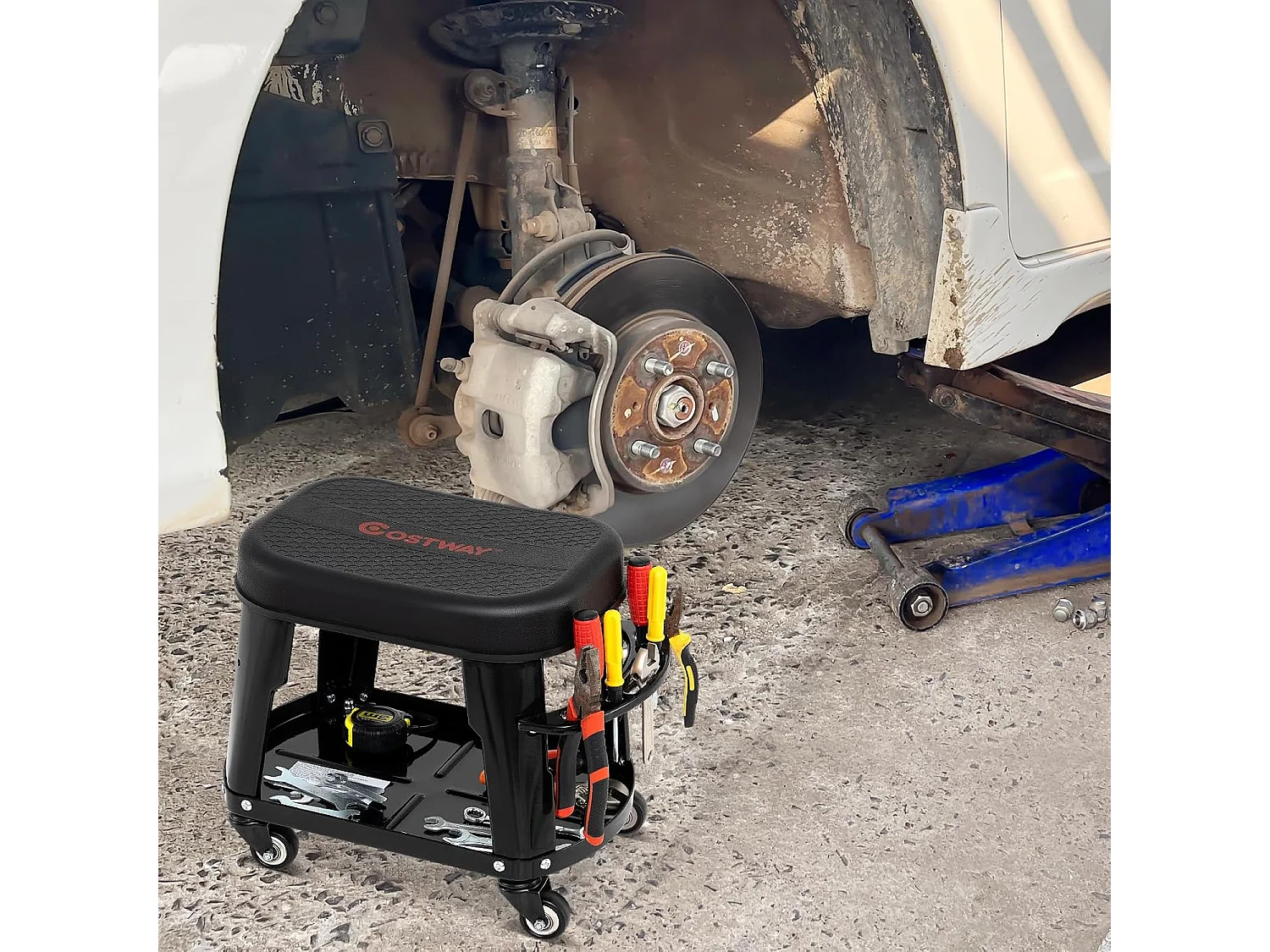 Tabouret d'Atelier Roulant avec Rangement, Siège de Mécanicien Amovible avec Plateau d'Equipement Porte-Outils Charge 136 kg, pour Garage Atelier, Noir