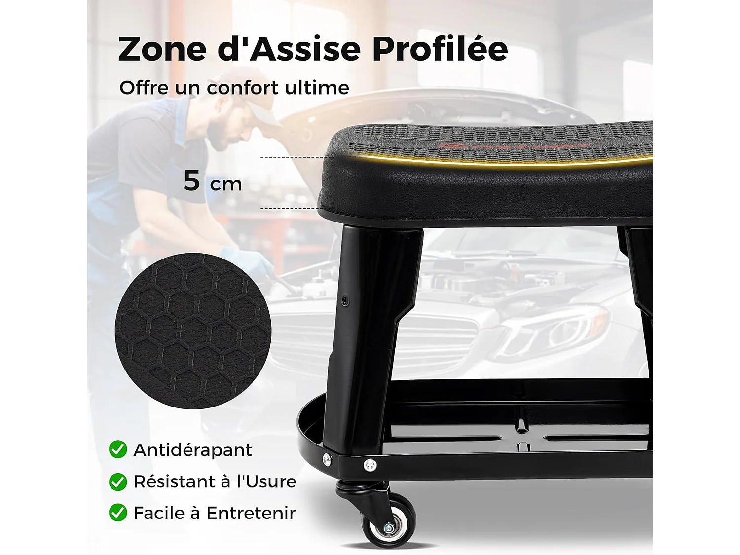 Tabouret d'Atelier Roulant avec Rangement, Siège de Mécanicien Amovible avec Plateau d'Equipement Porte-Outils Charge 136 kg, pour Garage Atelier, Noir