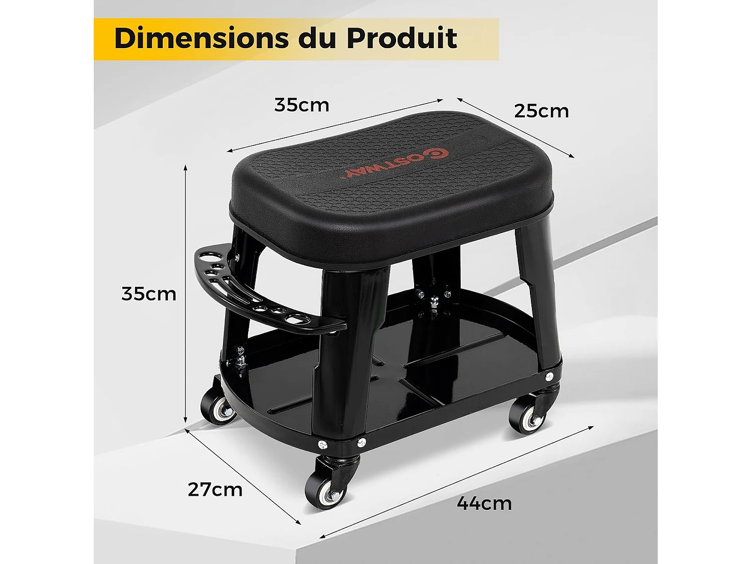 Tabouret d'Atelier Roulant avec Rangement, Siège de Mécanicien Amovible avec Plateau d'Equipement Porte-Outils Charge 136 kg, pour Garage Atelier, Noir